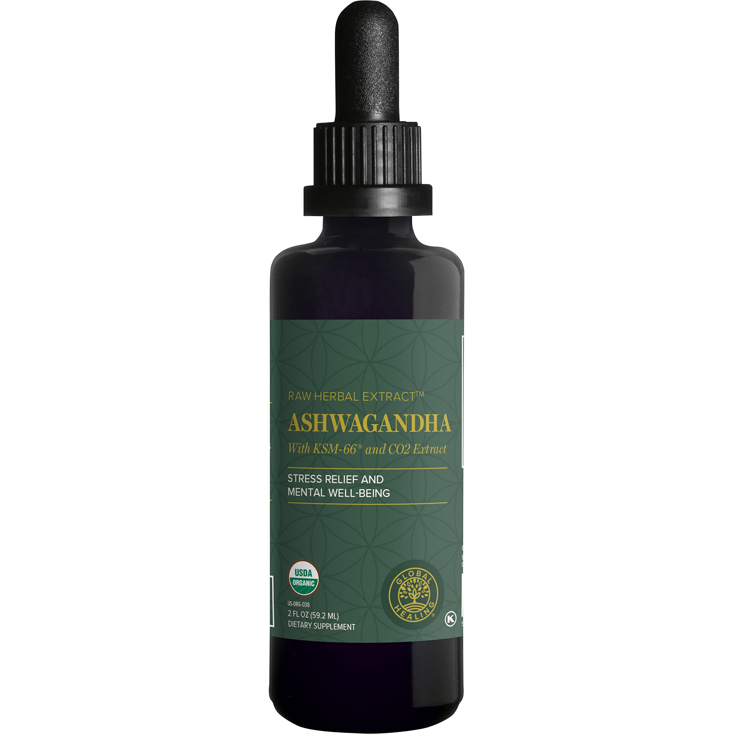 Global Healing Center frasco frontal de Ashwagandha mostrando etiqueta clara y beneficios