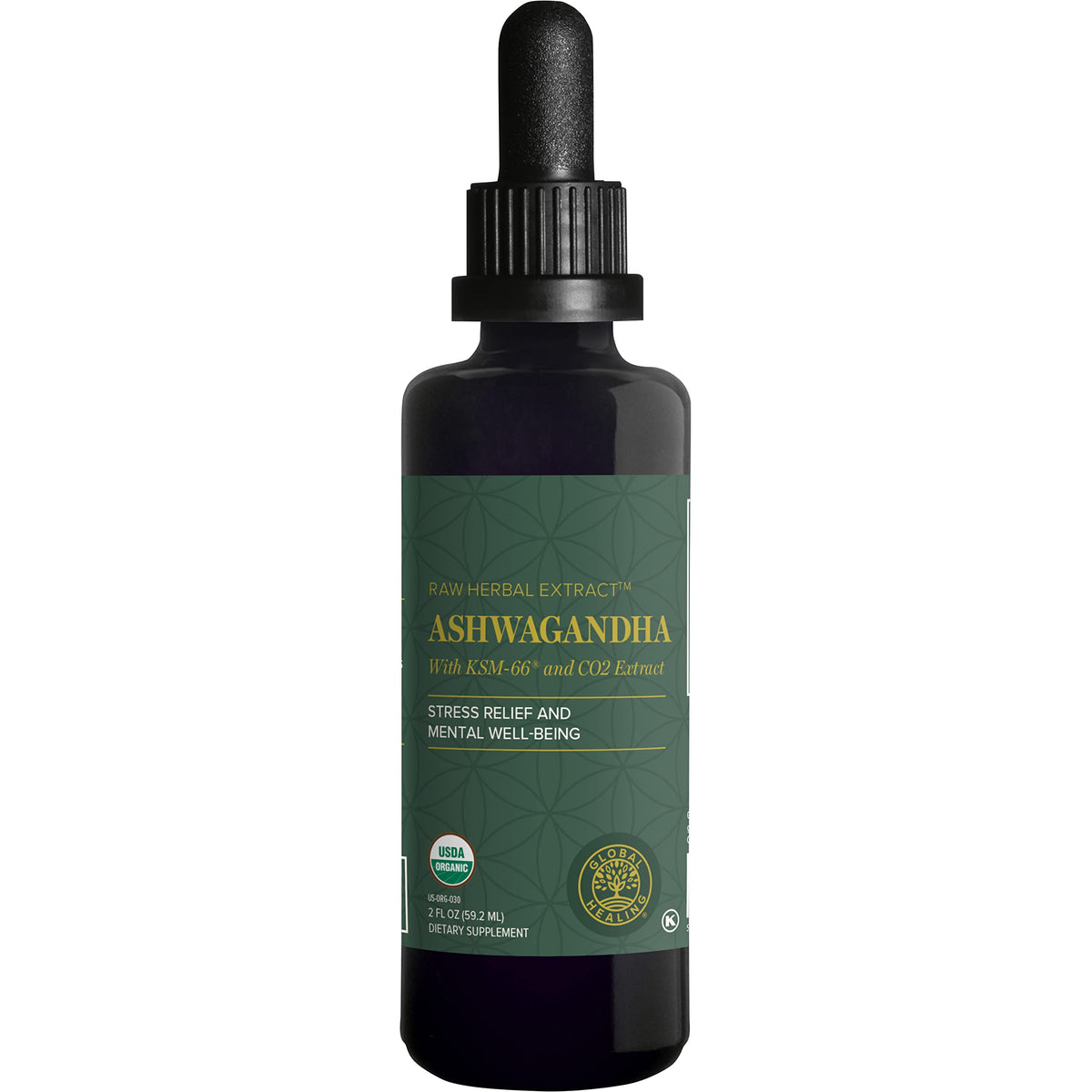 Global Healing Center frasco frontal de Ashwagandha mostrando etiqueta clara y beneficios