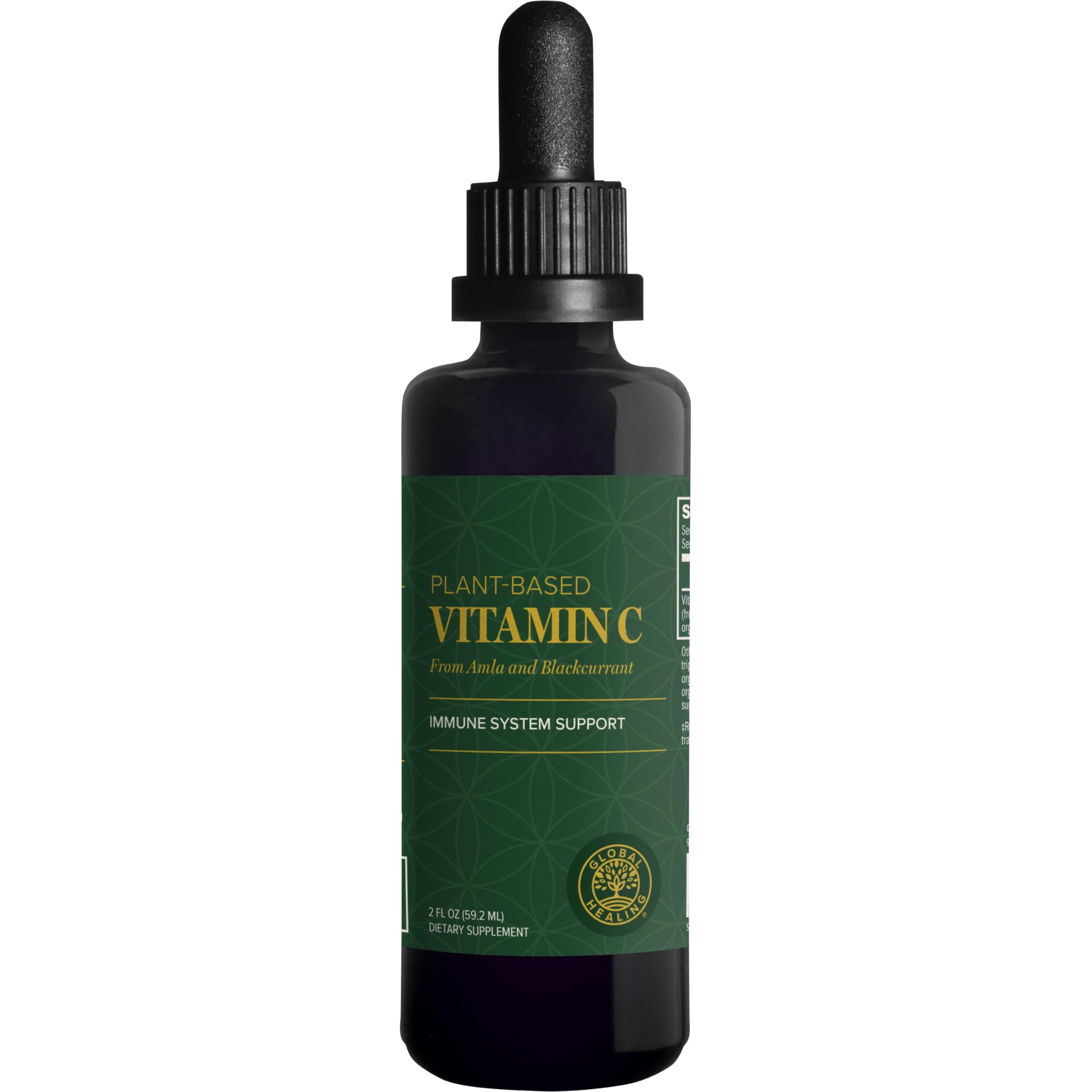 Global Healing Center frasco frontal de vitamina C orgánica muestra envase y dosificador