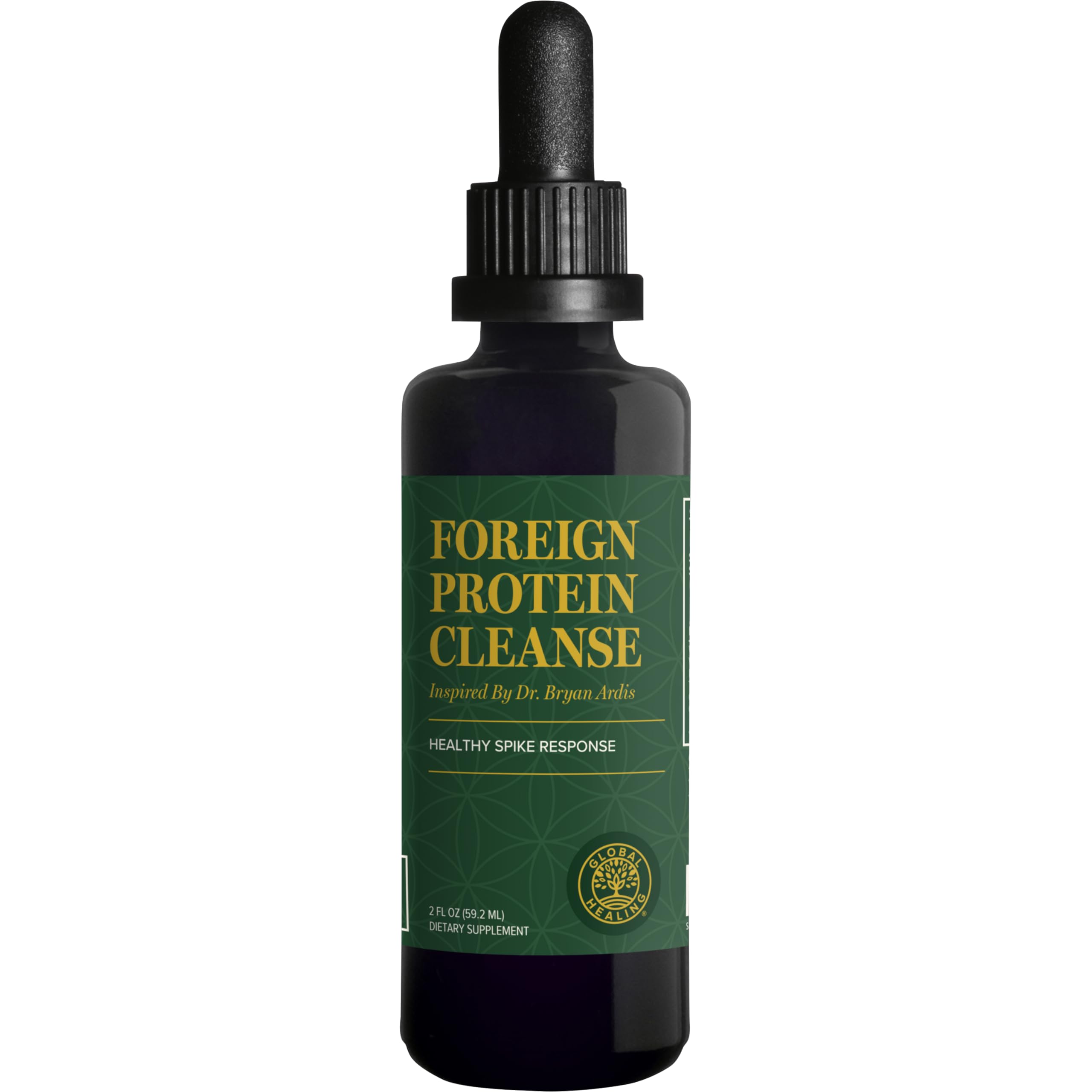 Global Healing Center frasco frontal mostrando la etiqueta y el tamaño práctico
