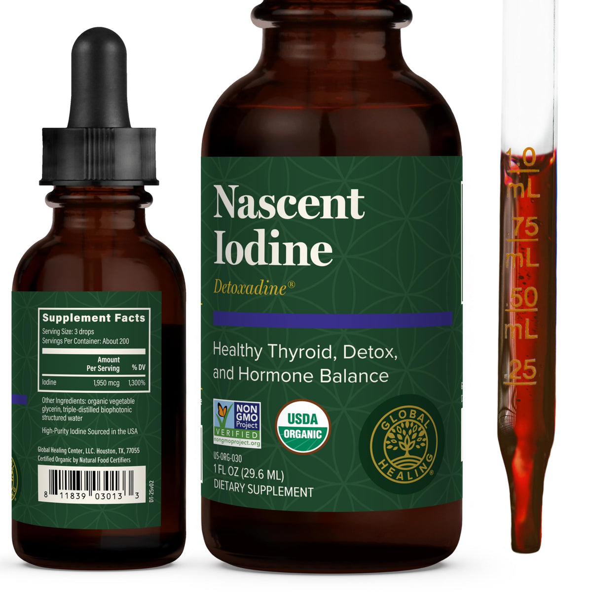Global Healing Center envase frontal de Detoxadine mostrando tamaño y marca, aporta confianza