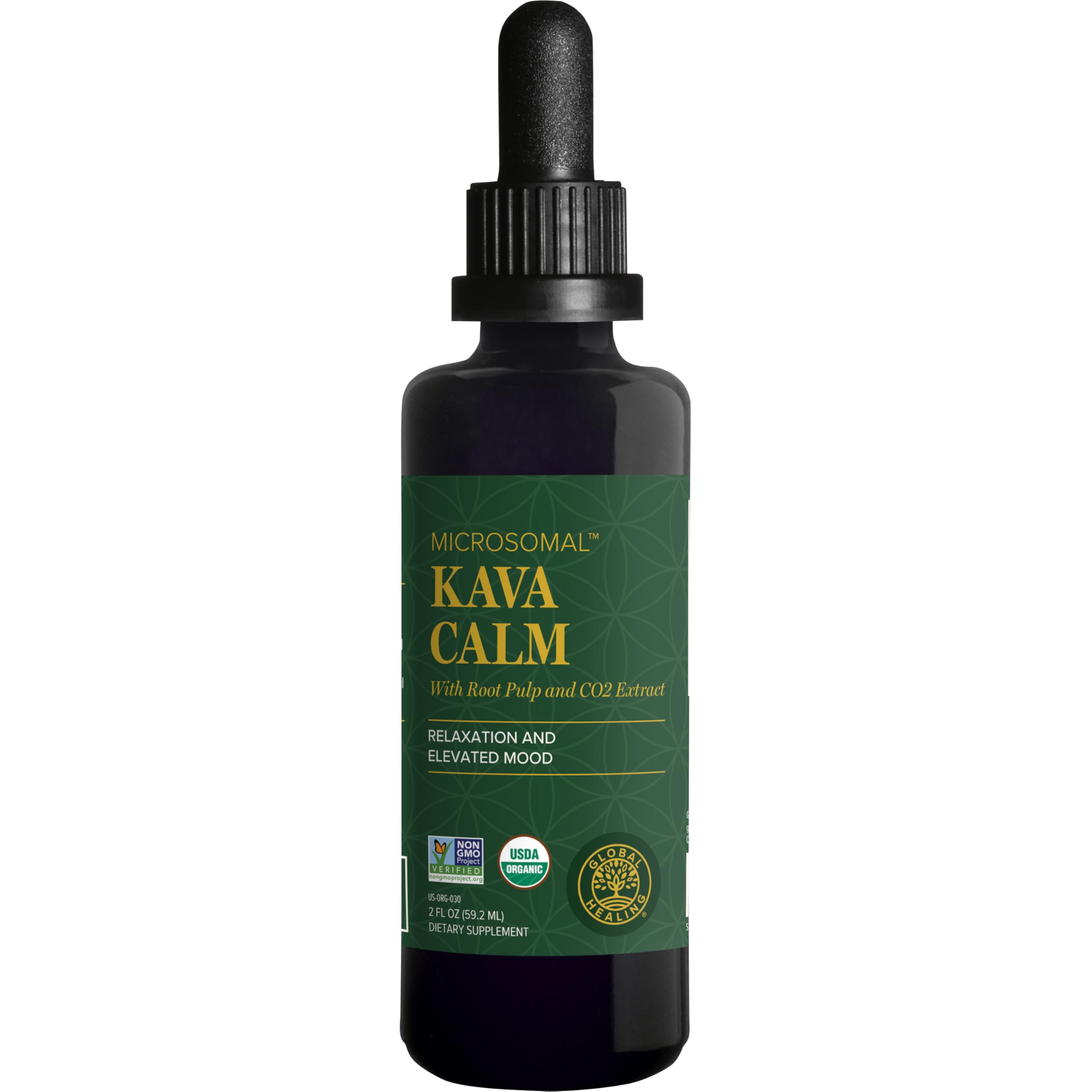 Global Healing Center botella frontal mostrando etiqueta y volumen 2 oz, presentación clara