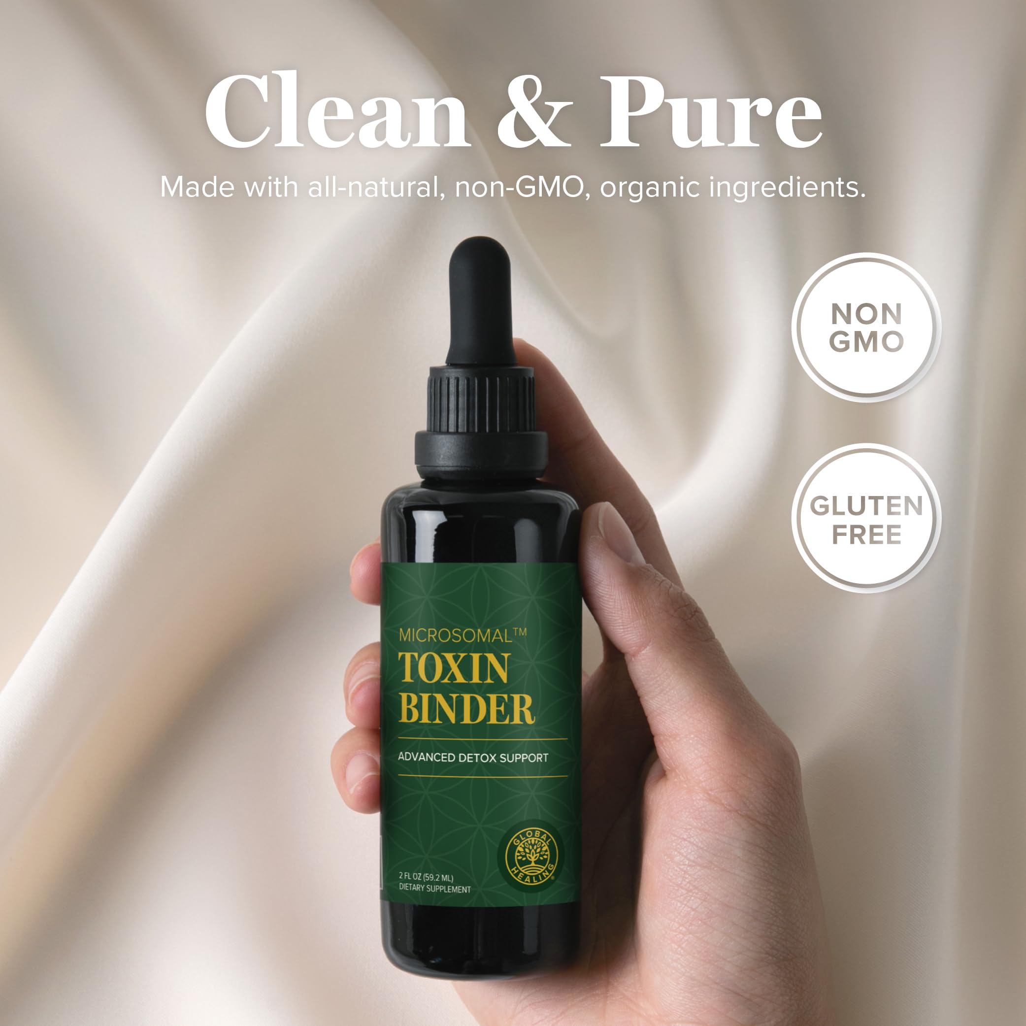 Global Healing Center MicroSomal junto a regla, muestra tamaño de 2 fl oz