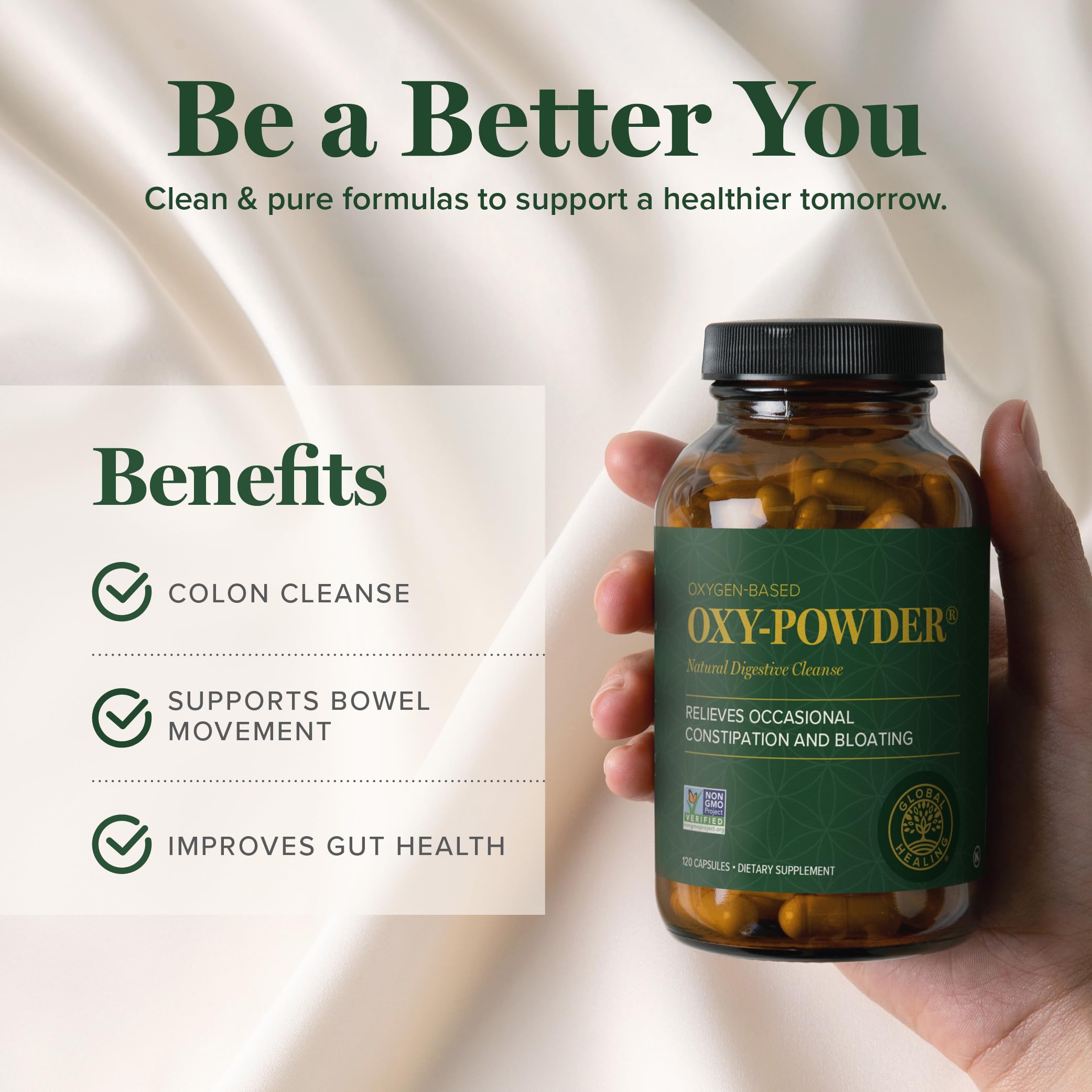 Global Healing Center Oxy-Powder en manos de usuario para mostrar tamaño y dosificación práctica