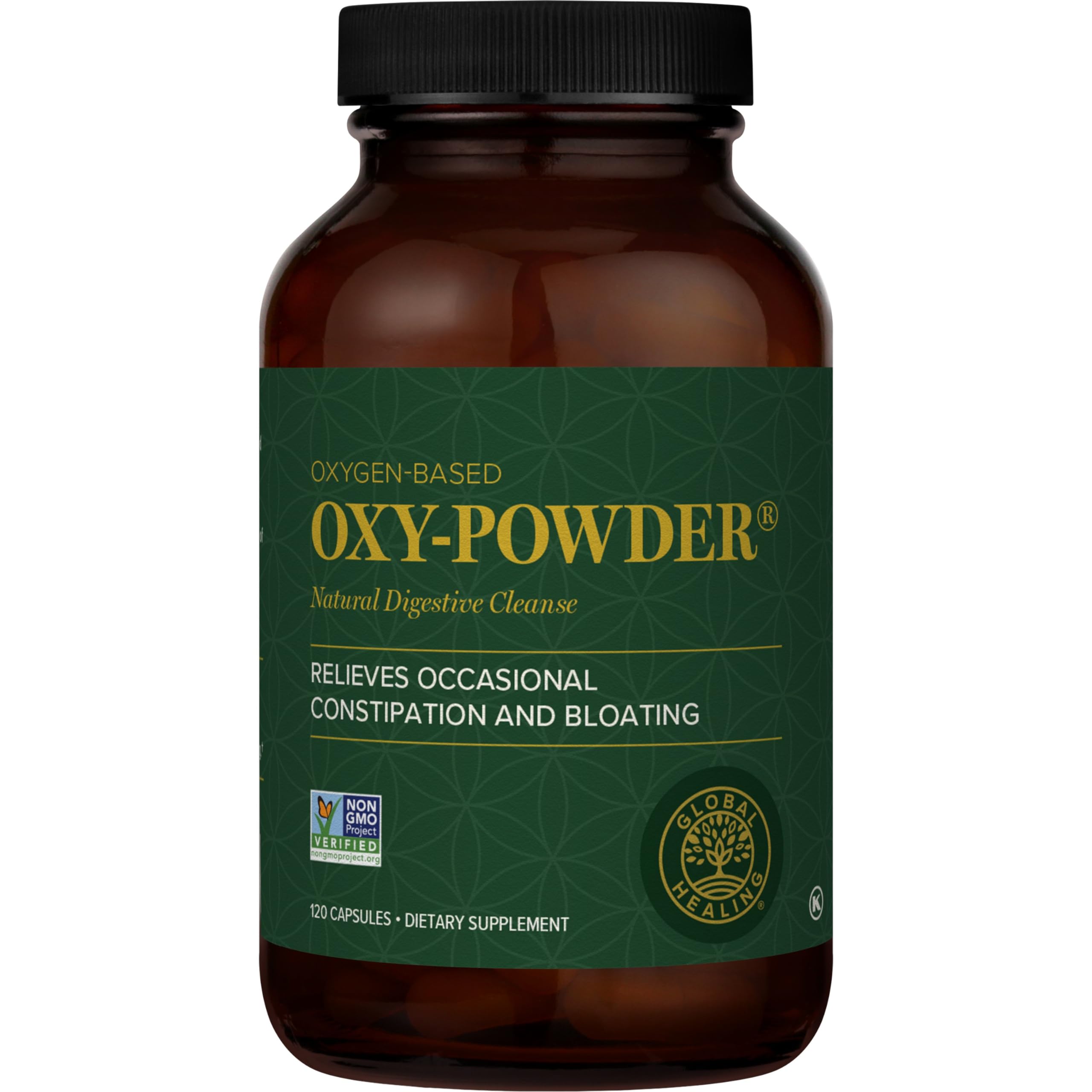 Global Healing Center Oxy-Powder envase frontal que muestra presentación y beneficios