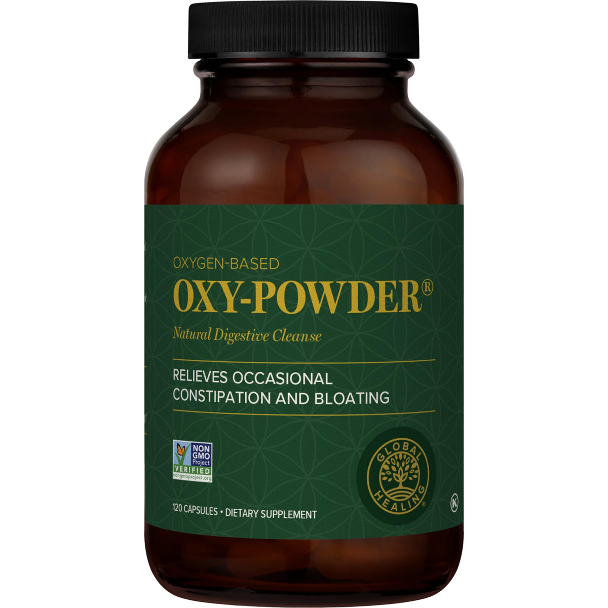 Global Healing Center Oxy-Powder envase frontal que muestra presentación y beneficios