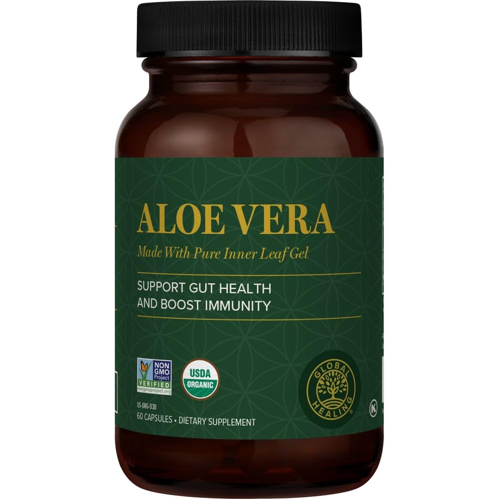Global Healing Center frasco delantero de aloe vera orgánica mostrando etiqueta y concentración