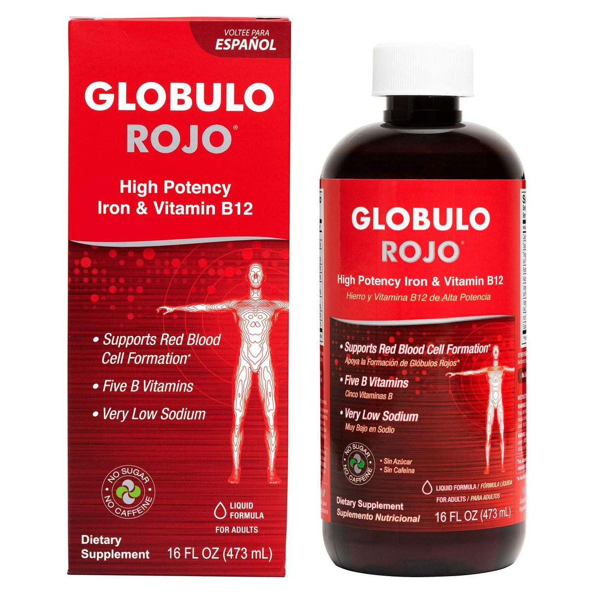 Globulo Rojo vista frontal de la botella mostrando el envase y etiqueta