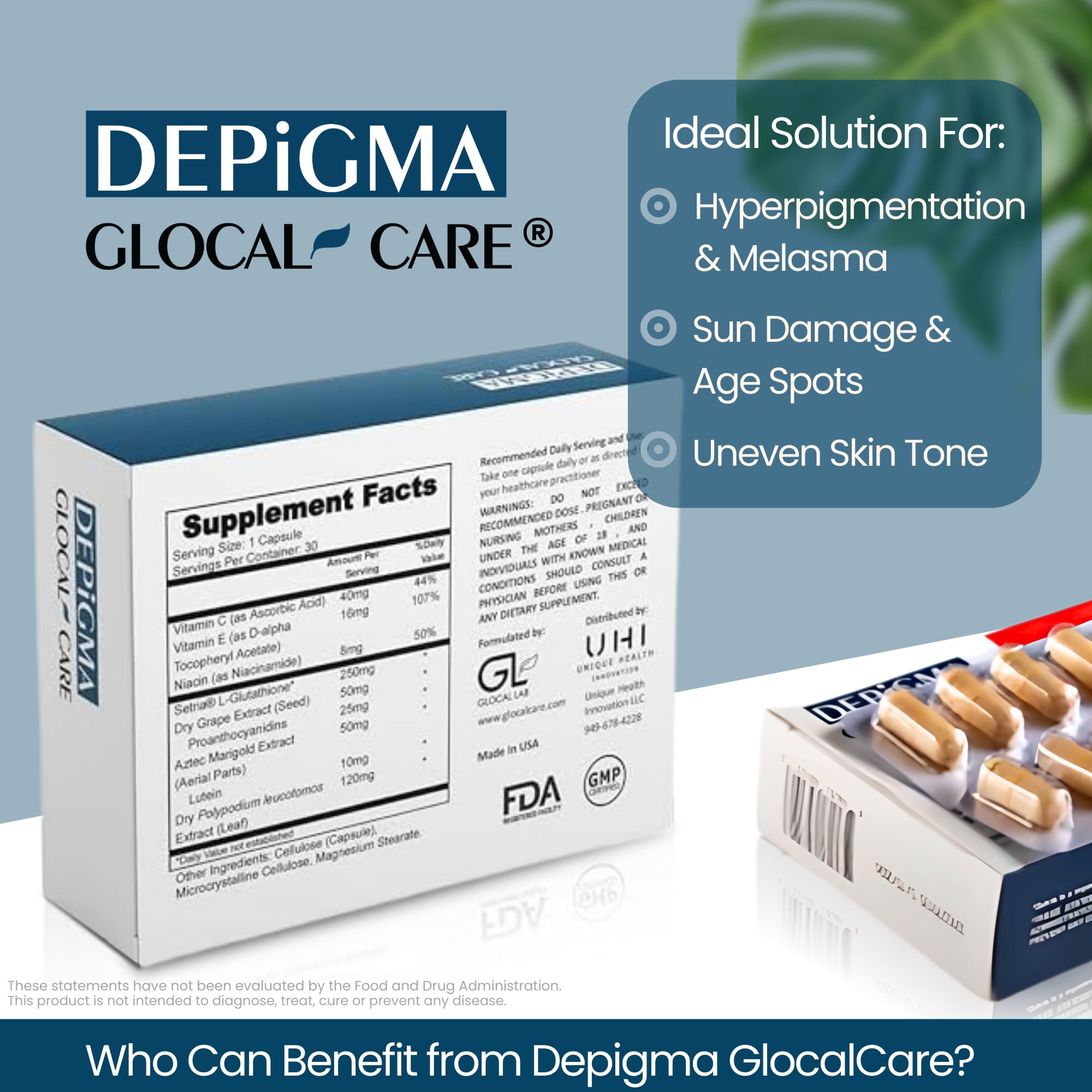GlocalCare Depigma cápsula macro, textura clara y calidad premium