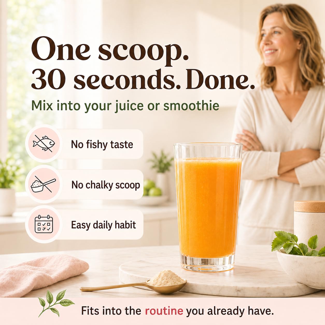 GLORIOUS DAILY polvo mezclado en un batido saludable para absorción rápida