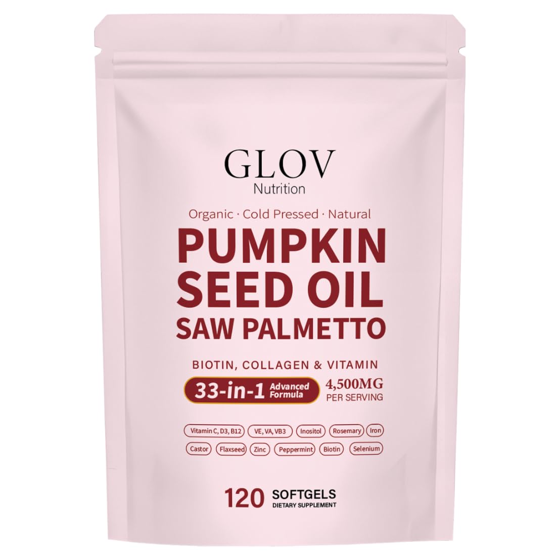Glov Nutrition frontal del envase con 120 softgels mostrando el contenido y beneficios