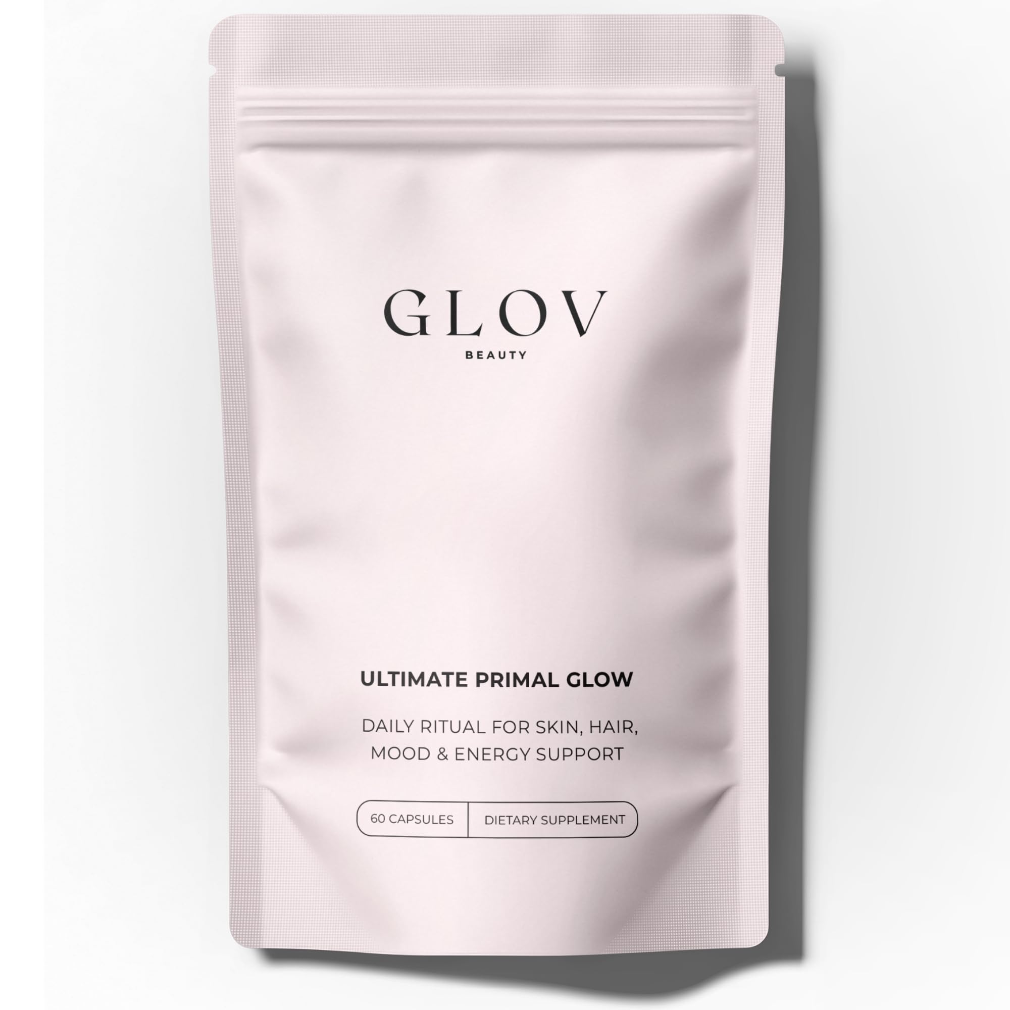Glov Beauty frente del pouch que muestra 60 cápsulas y sitio resellable, conveniencia
