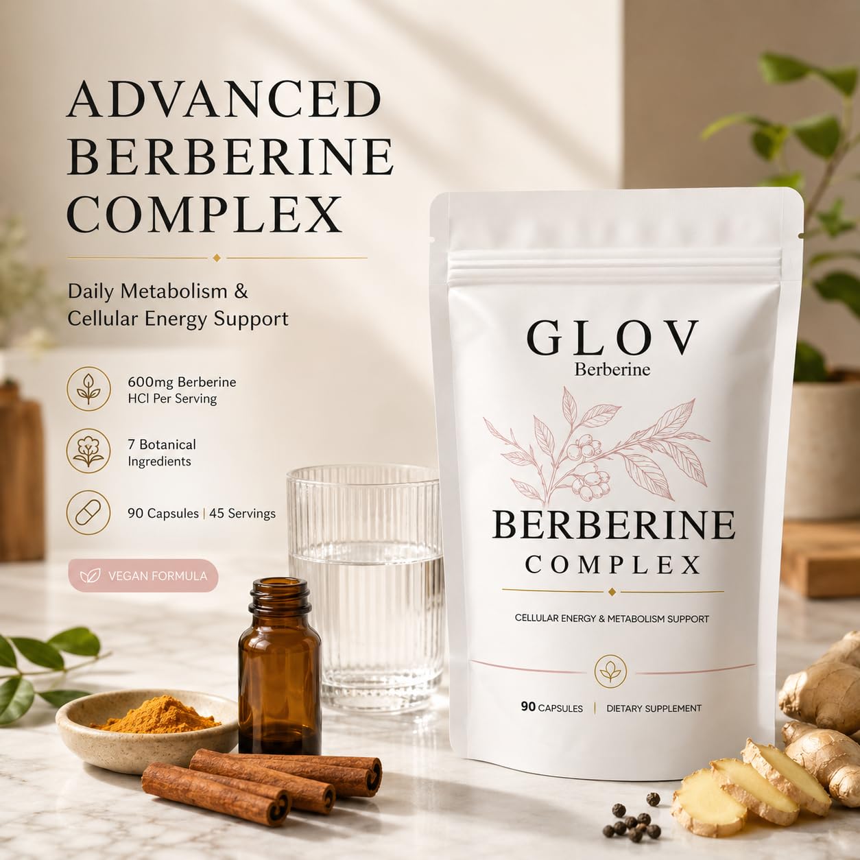 glov berberine primer plano de cápsulas vegetales fácil de tragar