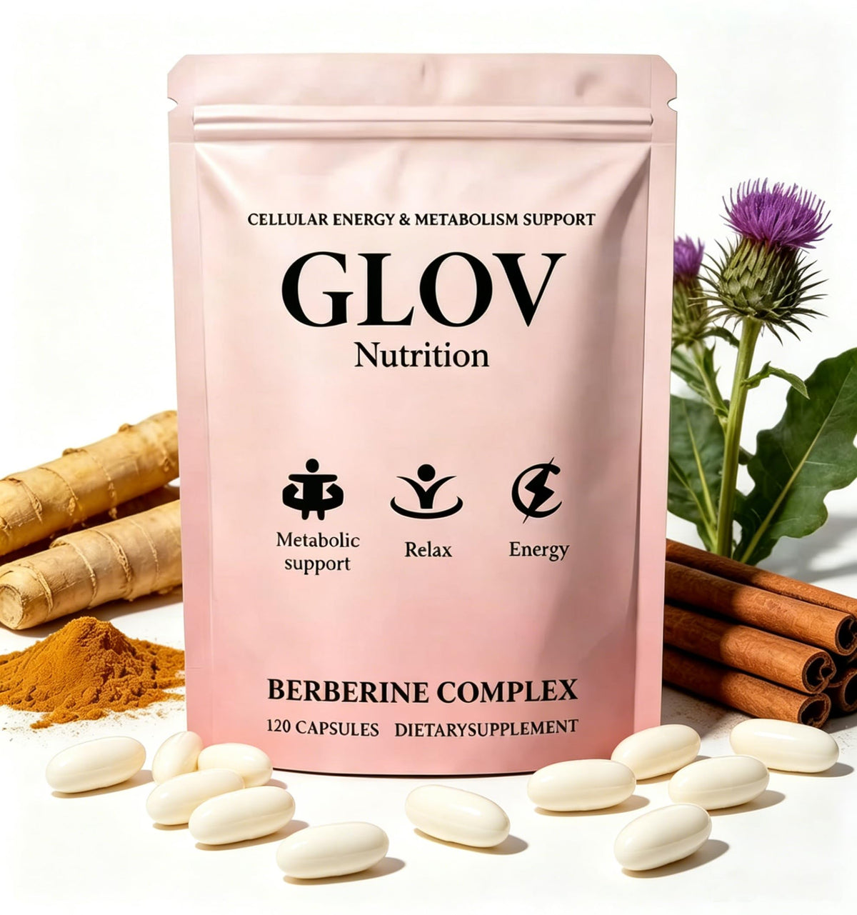 Glov Nutrition frasco frontal mostrando 120 cápsulas y presentación clara