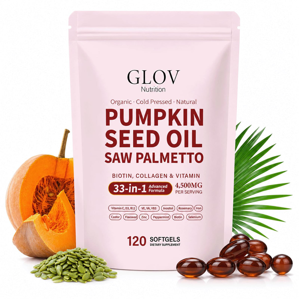 Glov Organic frente del envase mostrando 120 cápsulas y beneficio de conveniencia