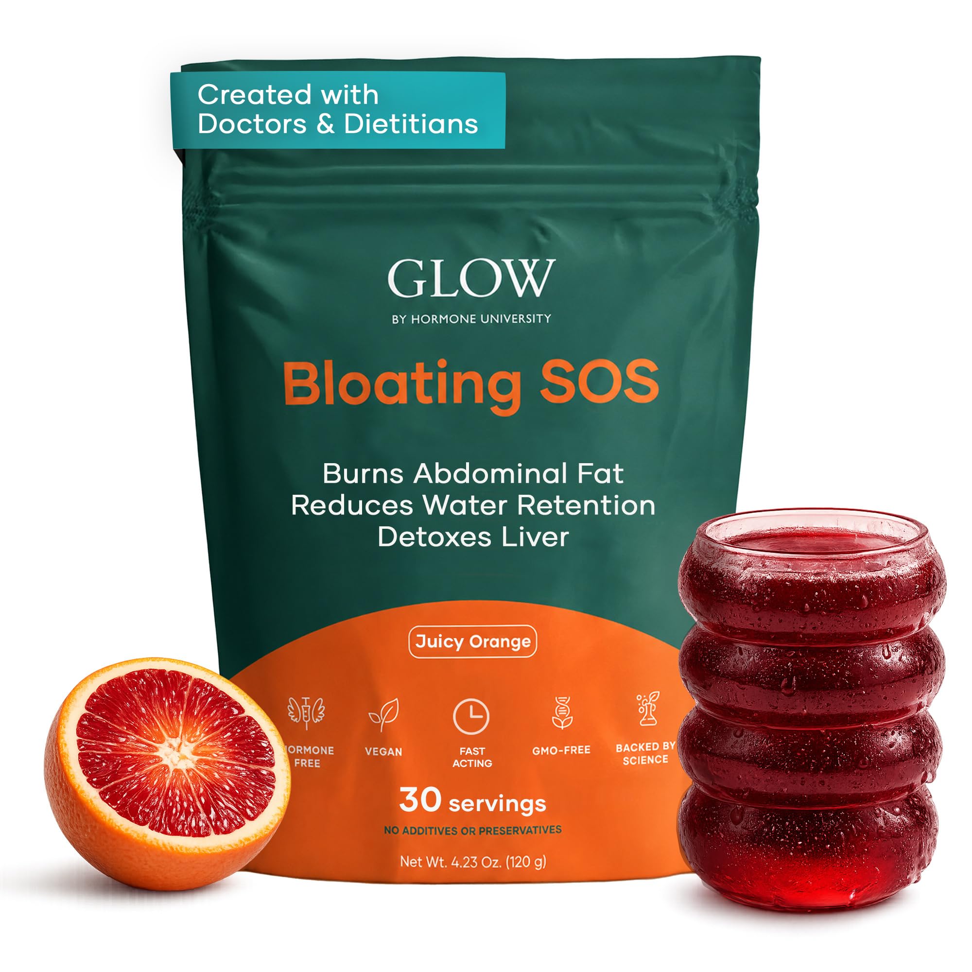 Glow Botanica frente del envase mostrando etiqueta y beneficio contra hinchazón