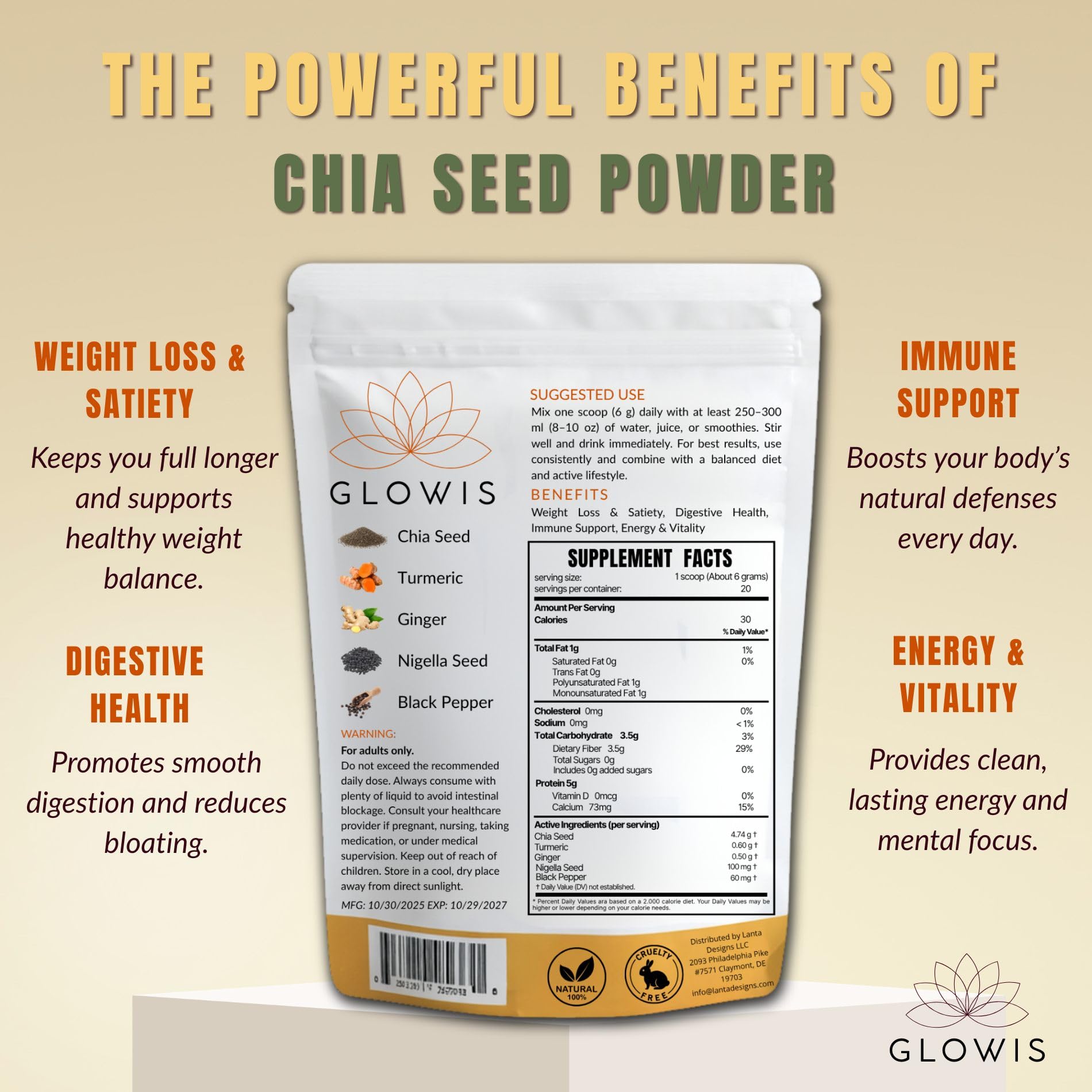 GLOWIS cucharada sobre avena añadiendo fibra y proteína vegetal