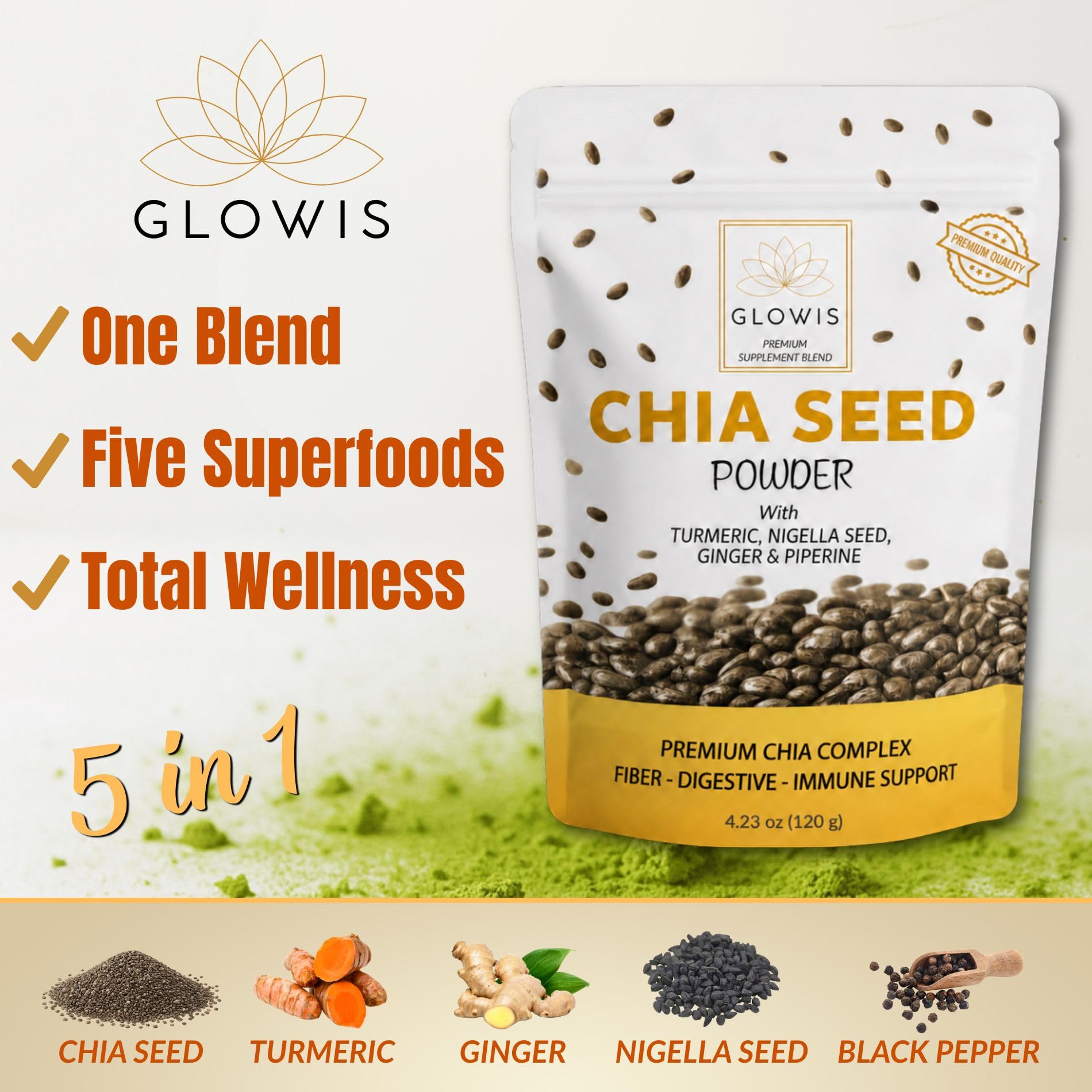 GLOWIS polvo textura molida lista para mezclar y ofrecer consistencia