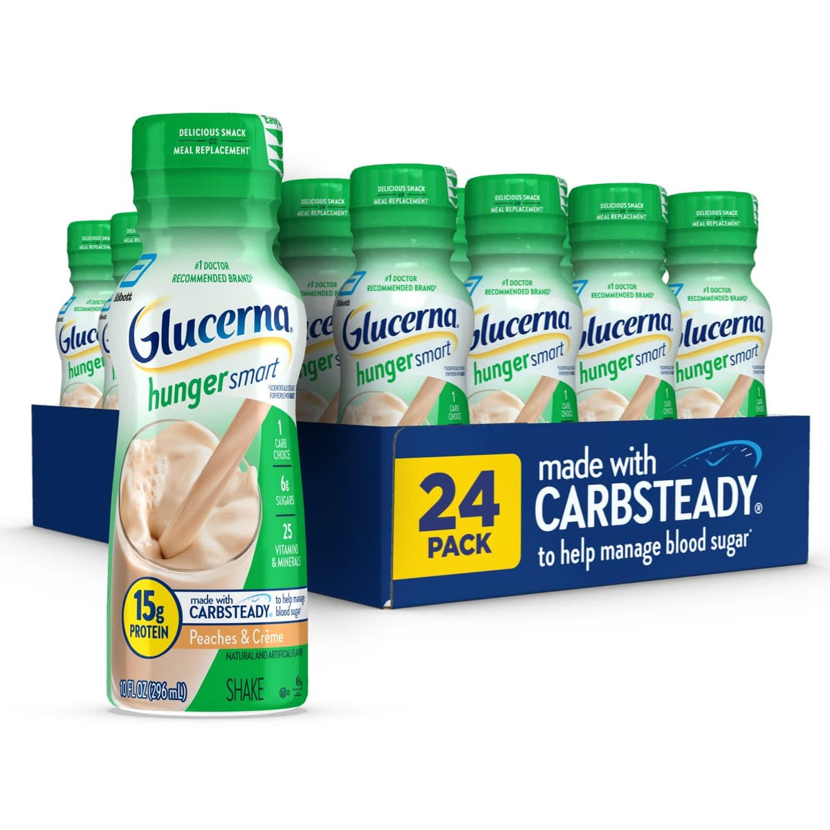 Glucerna botella delantera Peaches & Crème presentando envase listo para beber