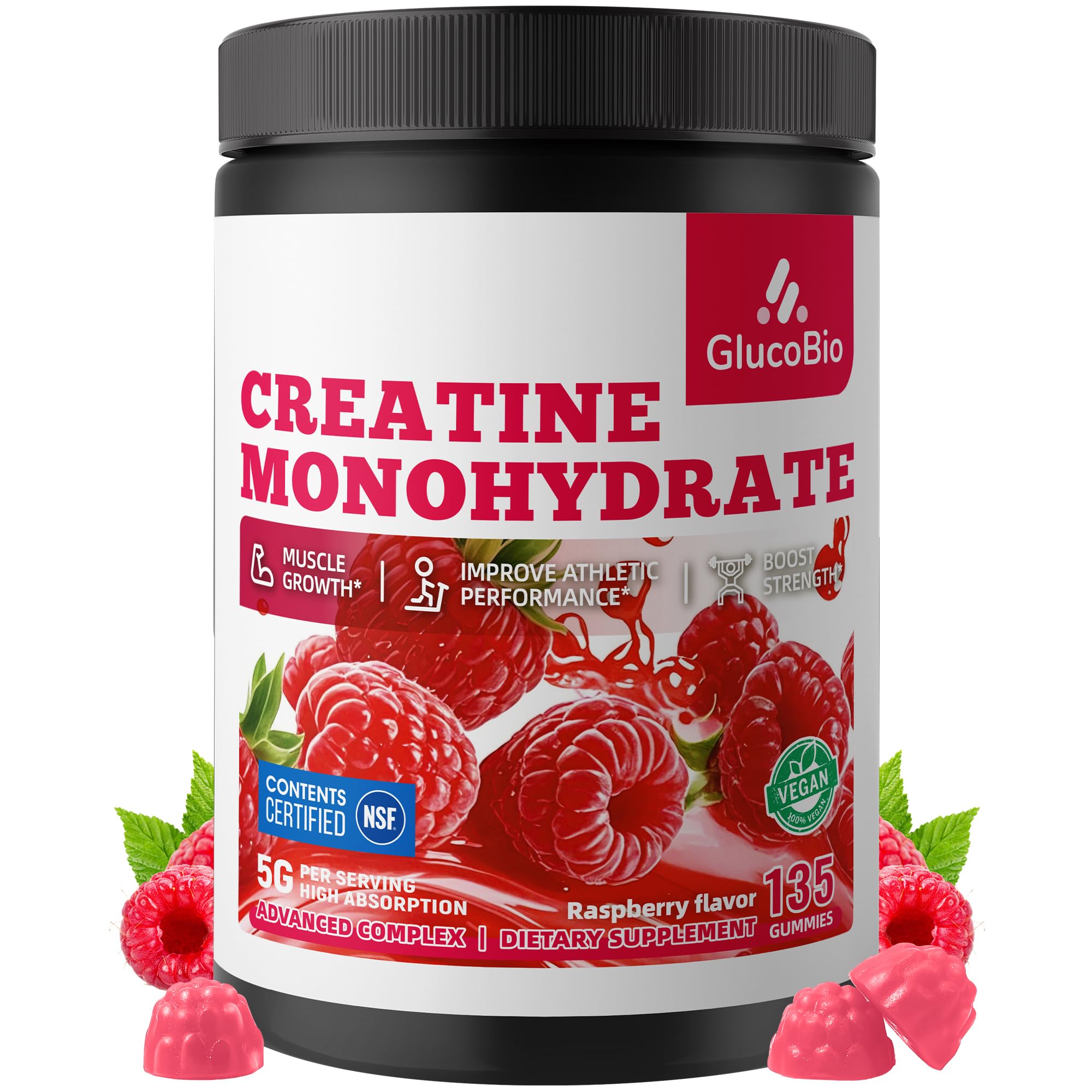 GlucoBio frasco frontal mostrando 135 gomitas y beneficio conveniencia