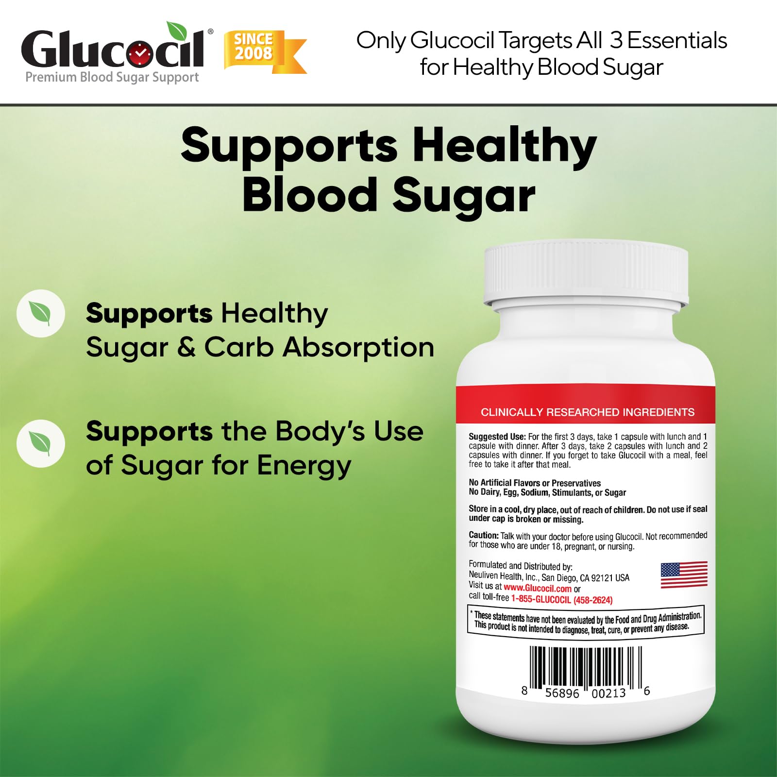 Glucocil frasco abierto con cápsulas visibles, marca Glucocil confiable