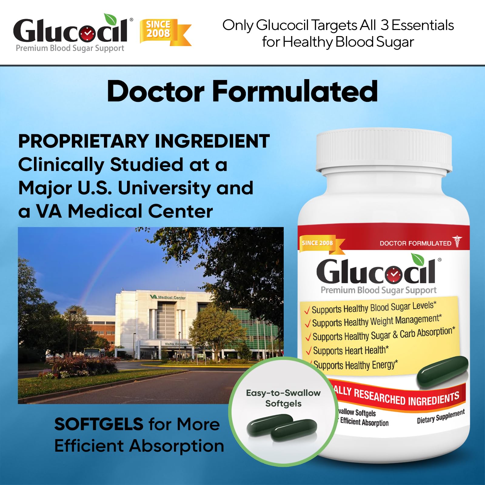 Etiqueta de Glucocil con ingredientes clave y evidencia investigativa
