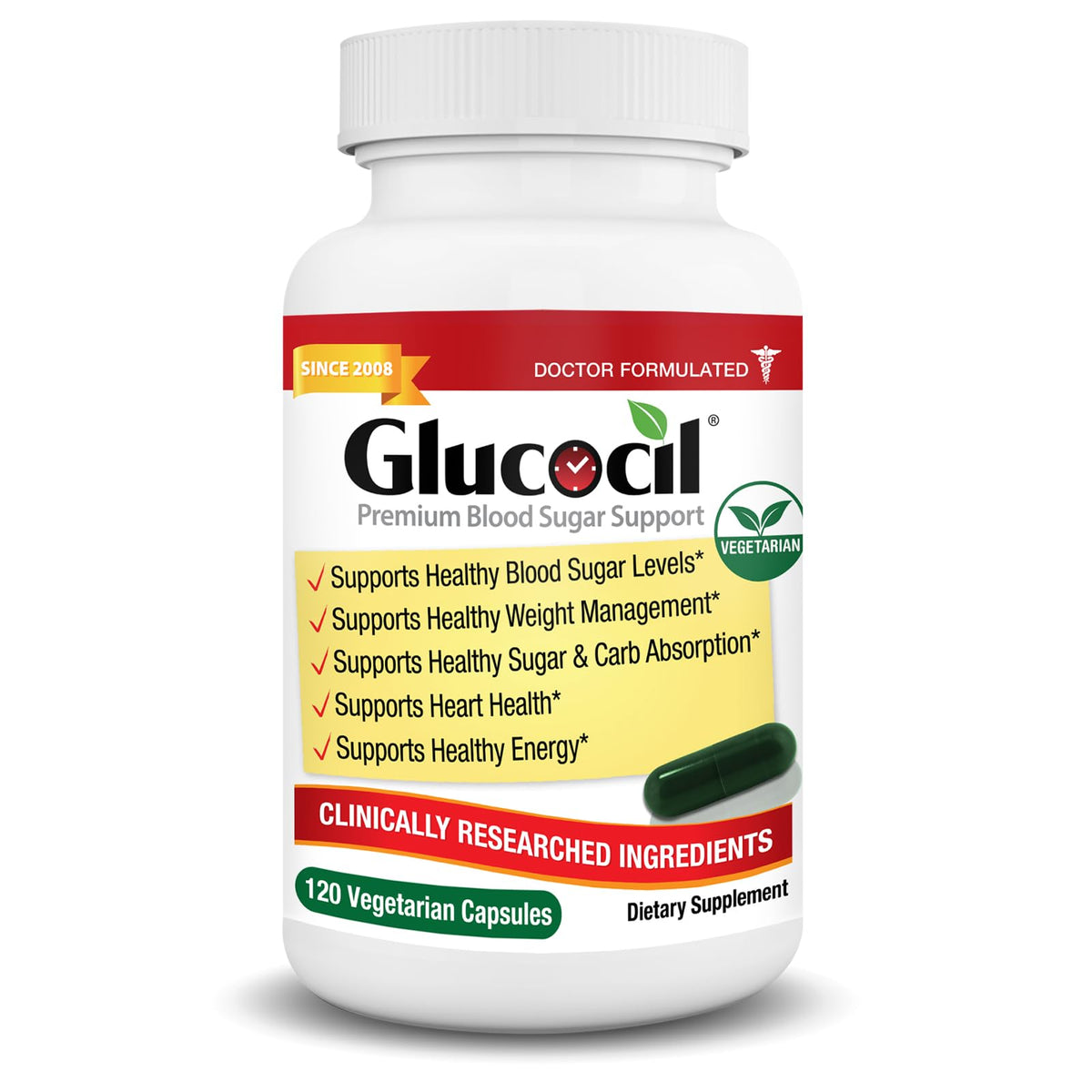 Glucocil frontal del empaque mostrando la marca y beneficios clave