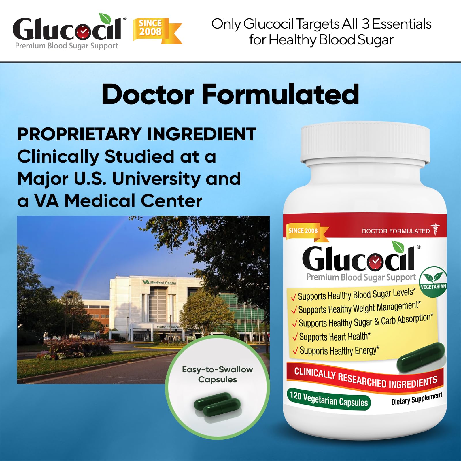 Glucocil junto a un plato de almuerzo, apoyo en comidas con carbohidratos
