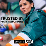 Glucose SOS comparación de tamaño con una mano, formato portátil