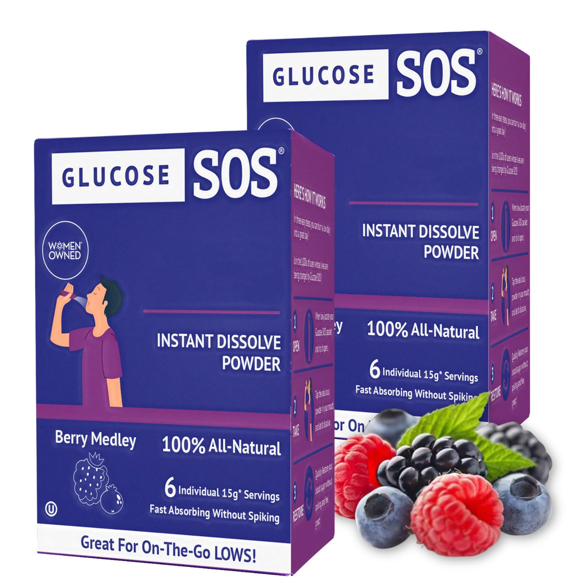 Glucose SOS frontal del paquete mostrando diseño y cantidad útil