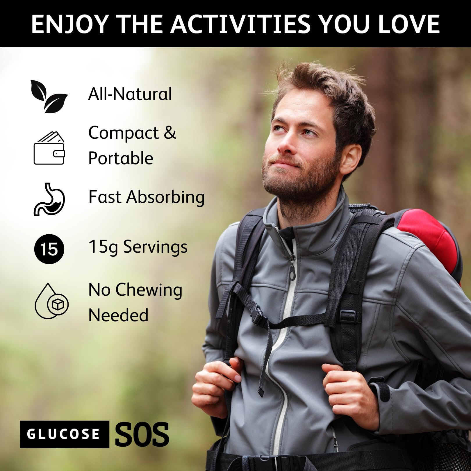 Glucose SOS comparación de tamaño en mano para referencia de porción