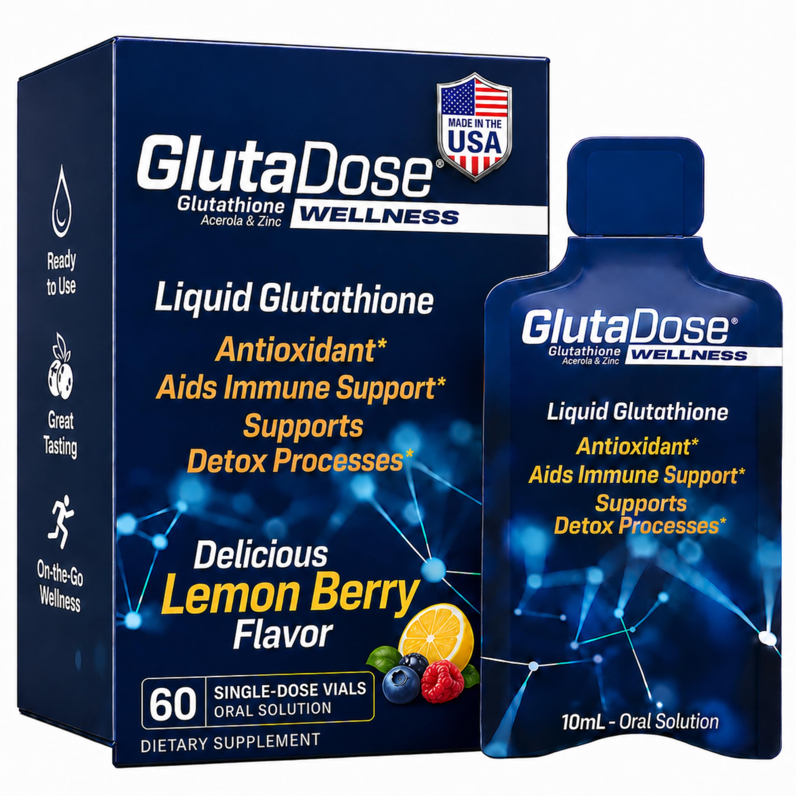 GlutaDose frontal del envase mostrando marca y beneficios clave
