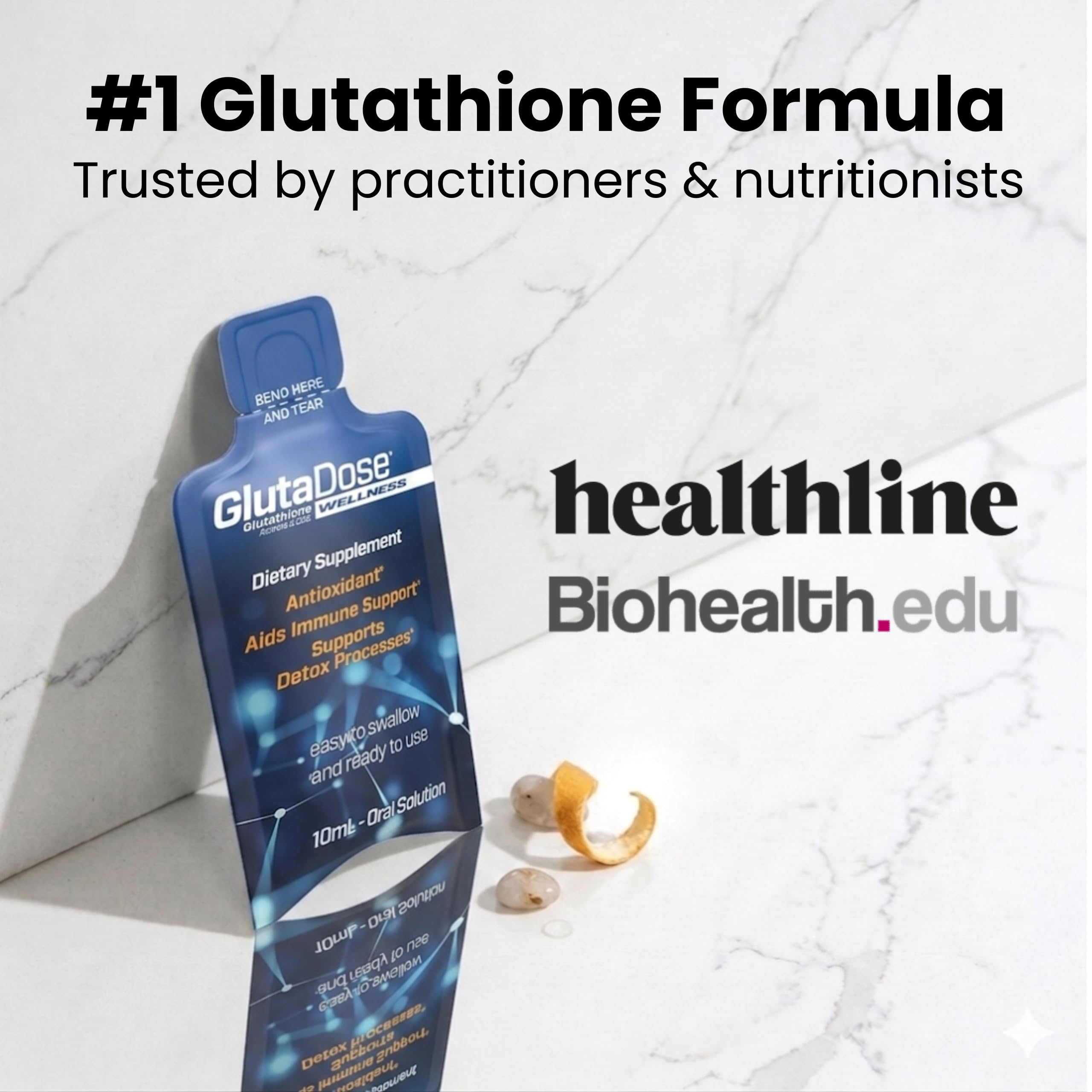GlutaDose líquido brillante que evidencia textura ligera y absorción