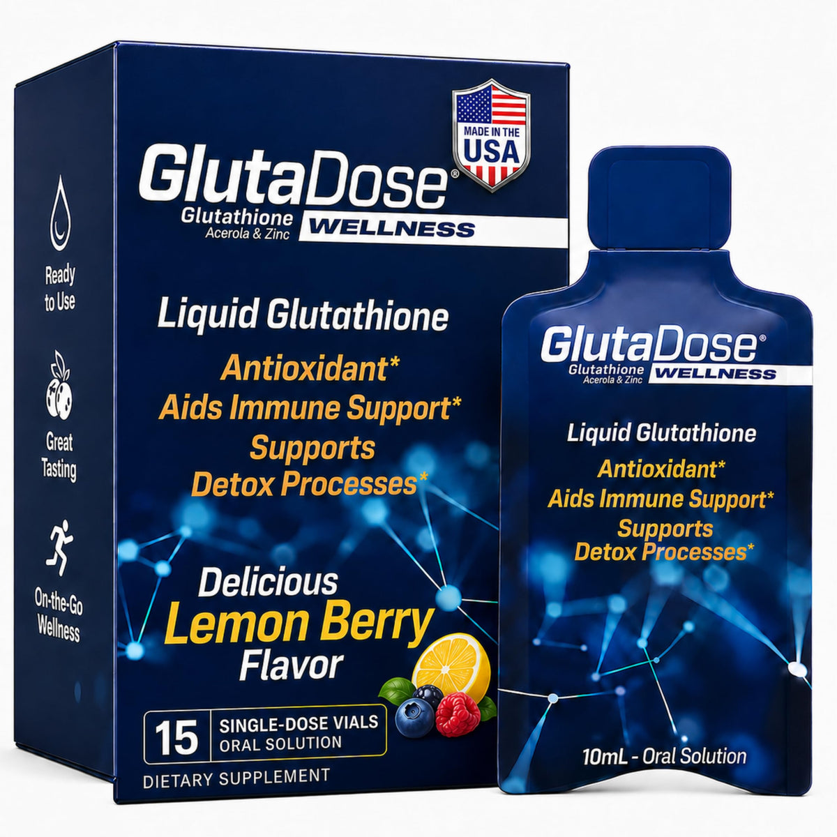 GlutaDose vial frontal mostrando embalaje claro y beneficio de conveniencia