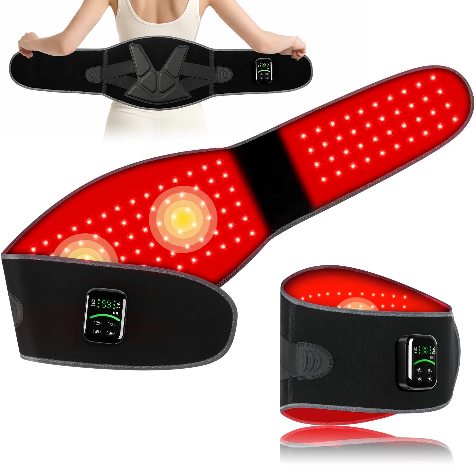 GMOY cinturón frontal mostrando ajuste y distribución de luz para confort lumbar