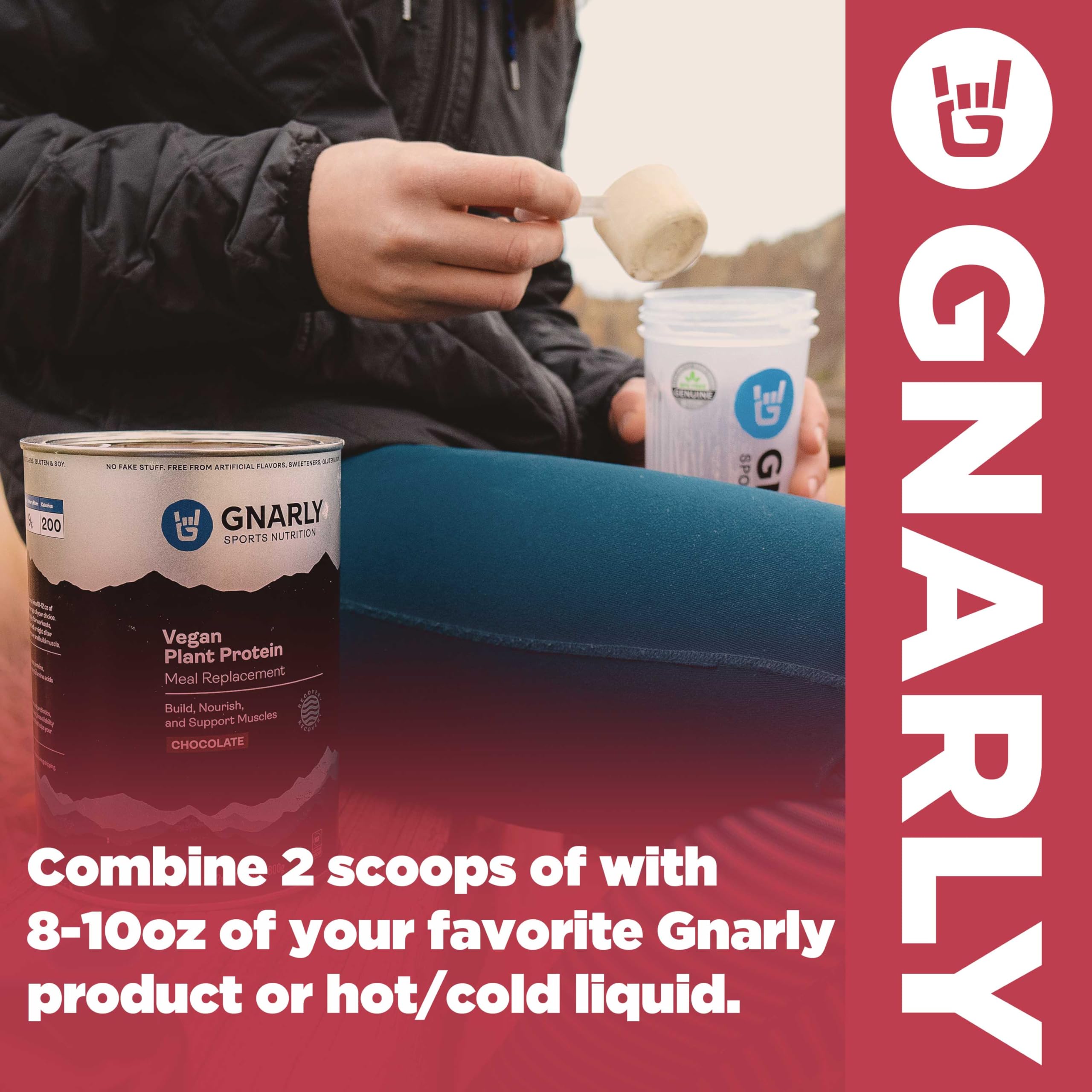 Comparación de tamaño del envase Gnarly Nutrition indicando raciones