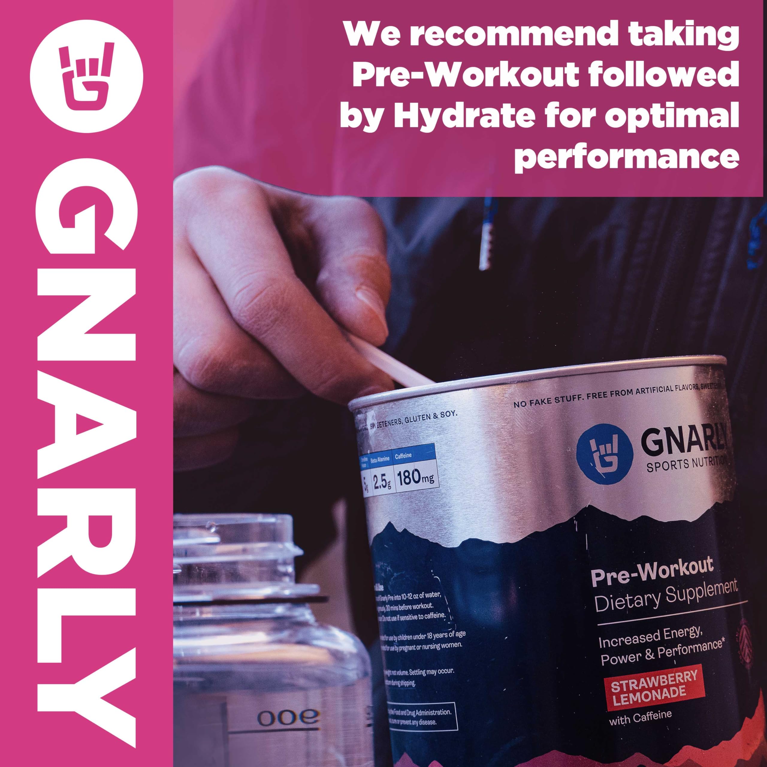 Gnarly Nutrition envase al lado de objetos muestra tamaño real y portabilidad