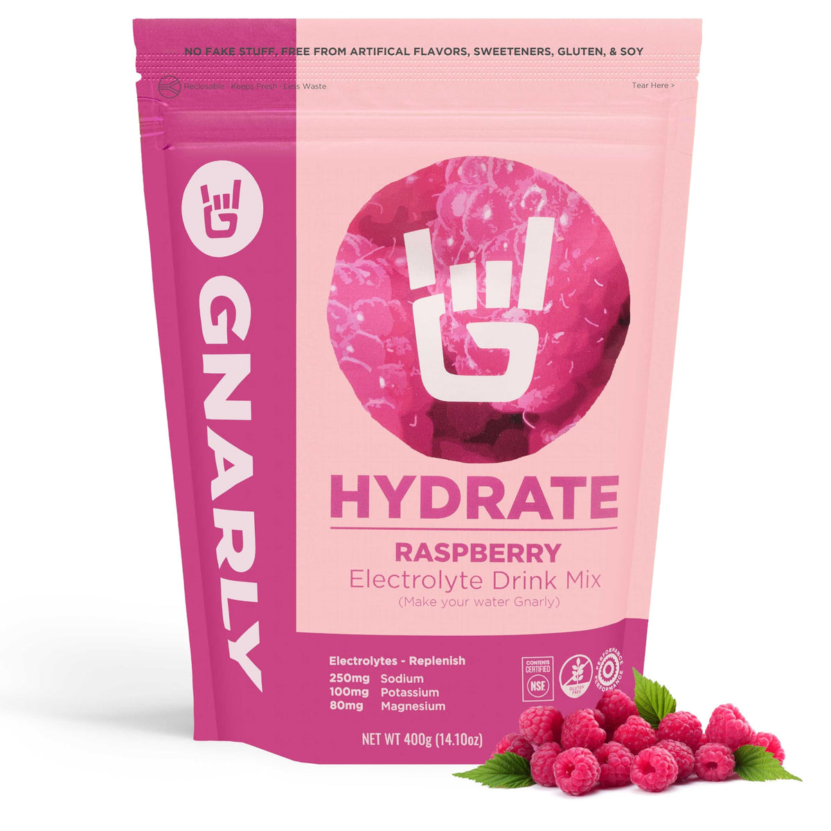 Gnarly Nutrition frasco frontal mostrando el envase y beneficios de hidratación
