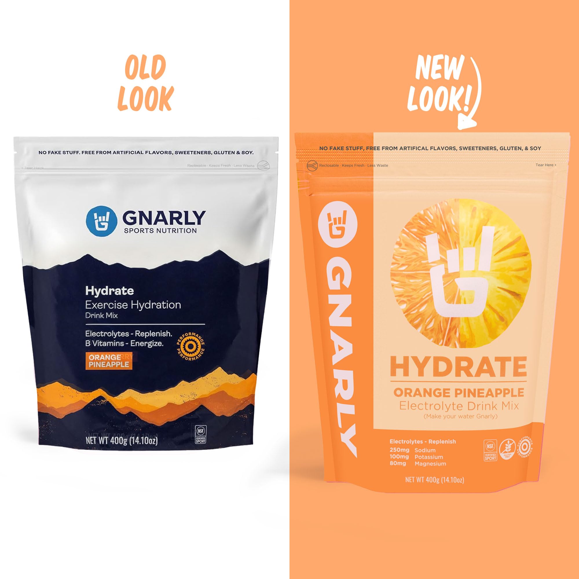 Gnarly Nutrition polvo naranja piña textura cercana, mezcla rápida