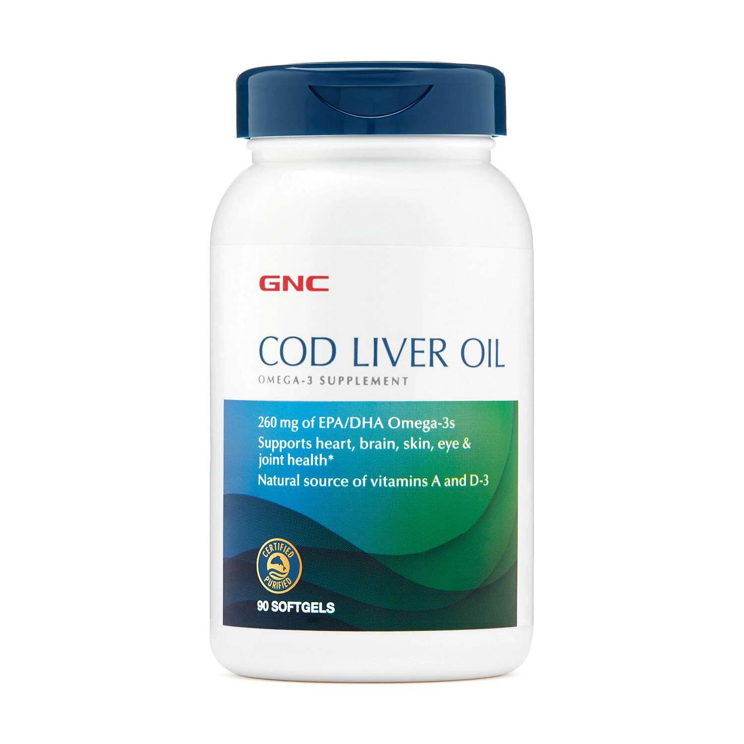 GNC aceite de hígado de bacalao frontal, envase claro y beneficios visibles