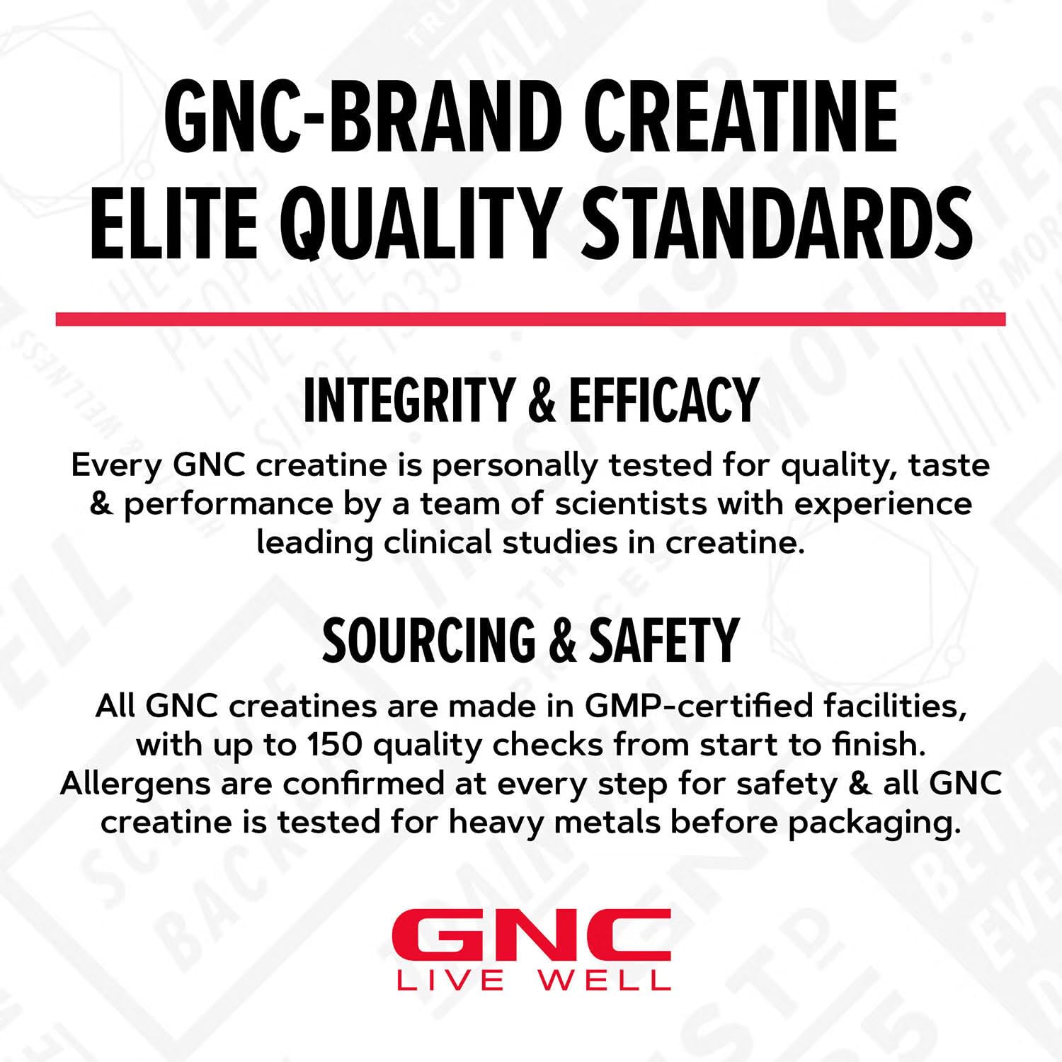 Sello de certificación GNC AMP Creabolic indicando pruebas contra sustancias