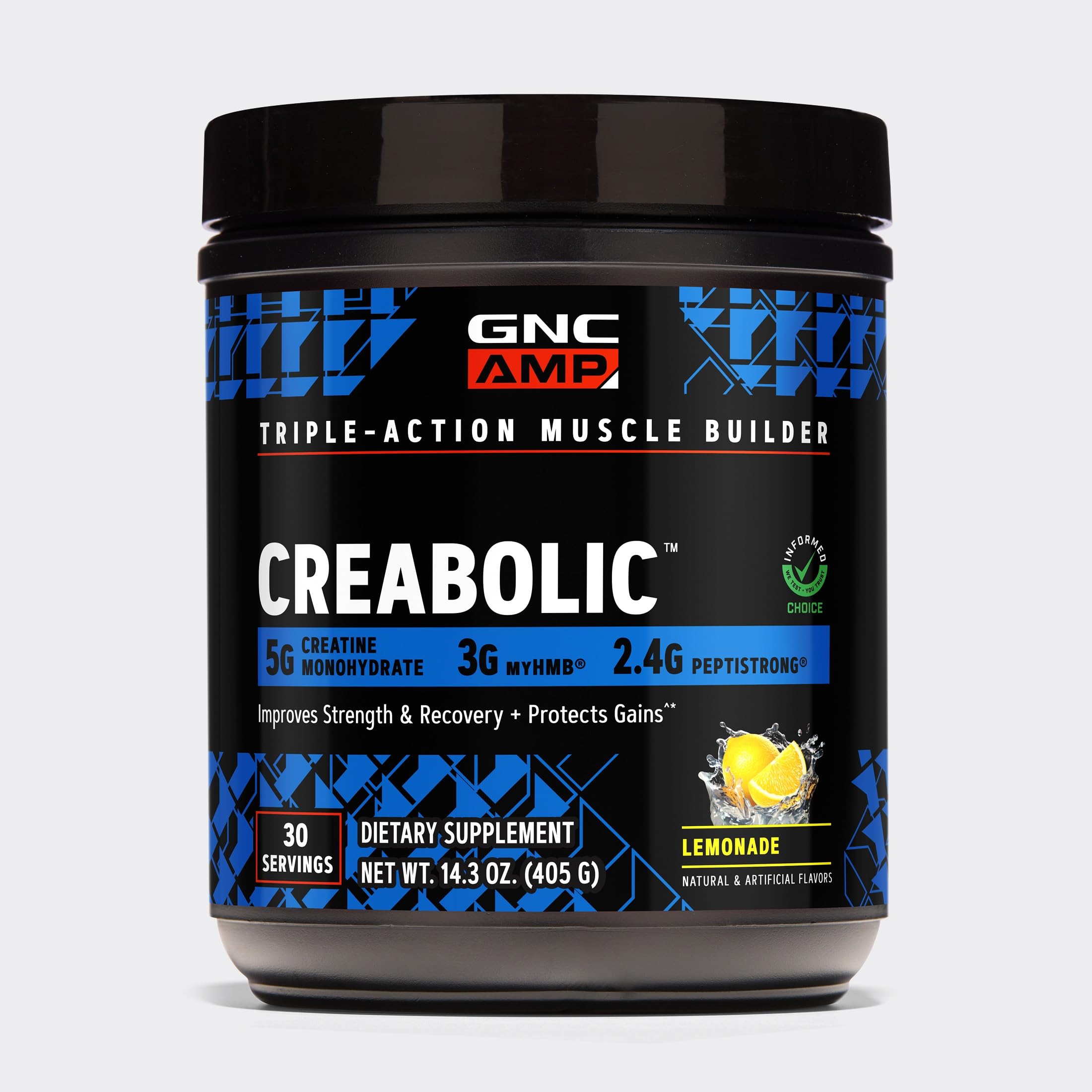 GNC envase Creabolic al frente, claro y atractivo para identificación rápida