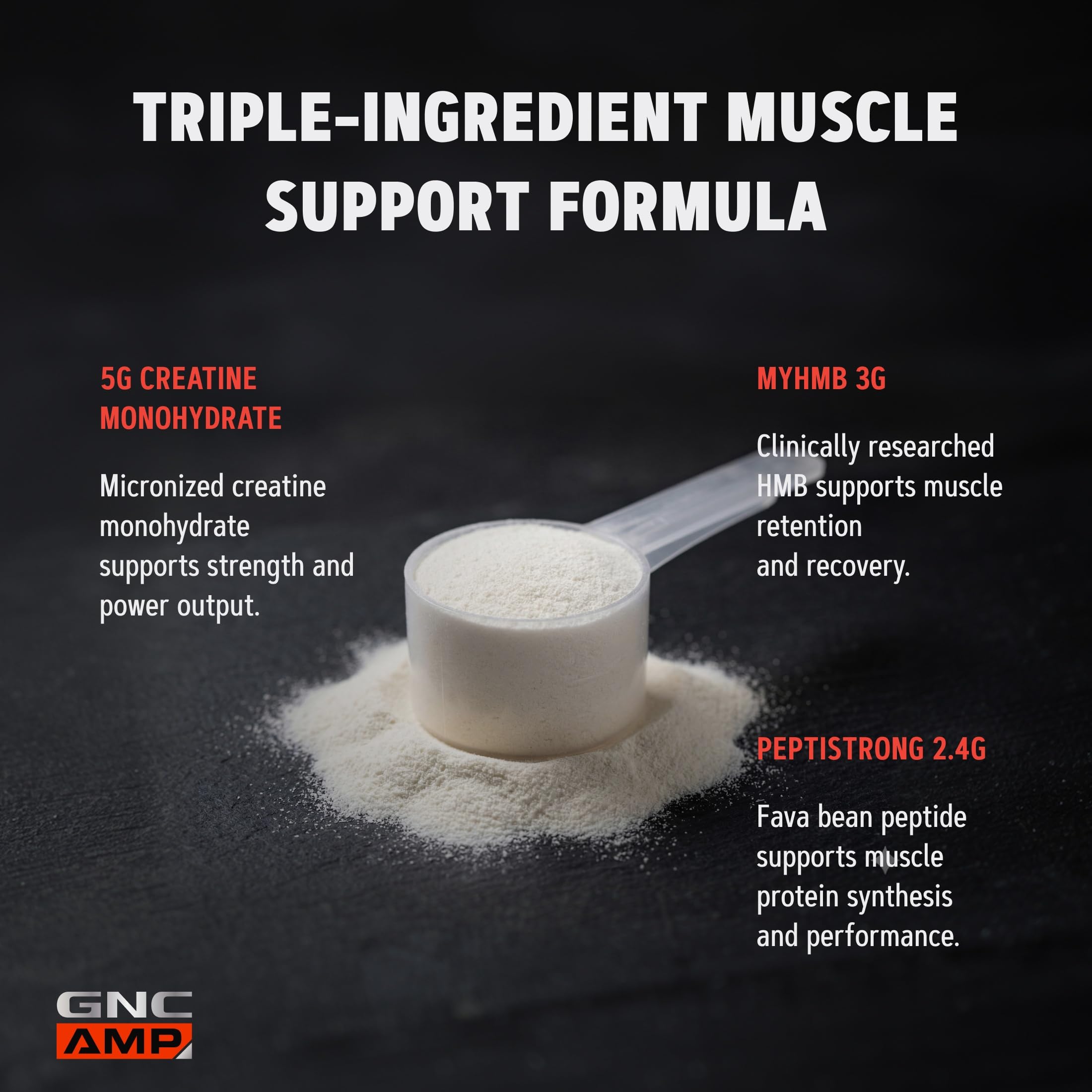 GNC AMP Creabolic scoop con porción de 5 g sobre fondo neutro, beneficio dosificación precisa