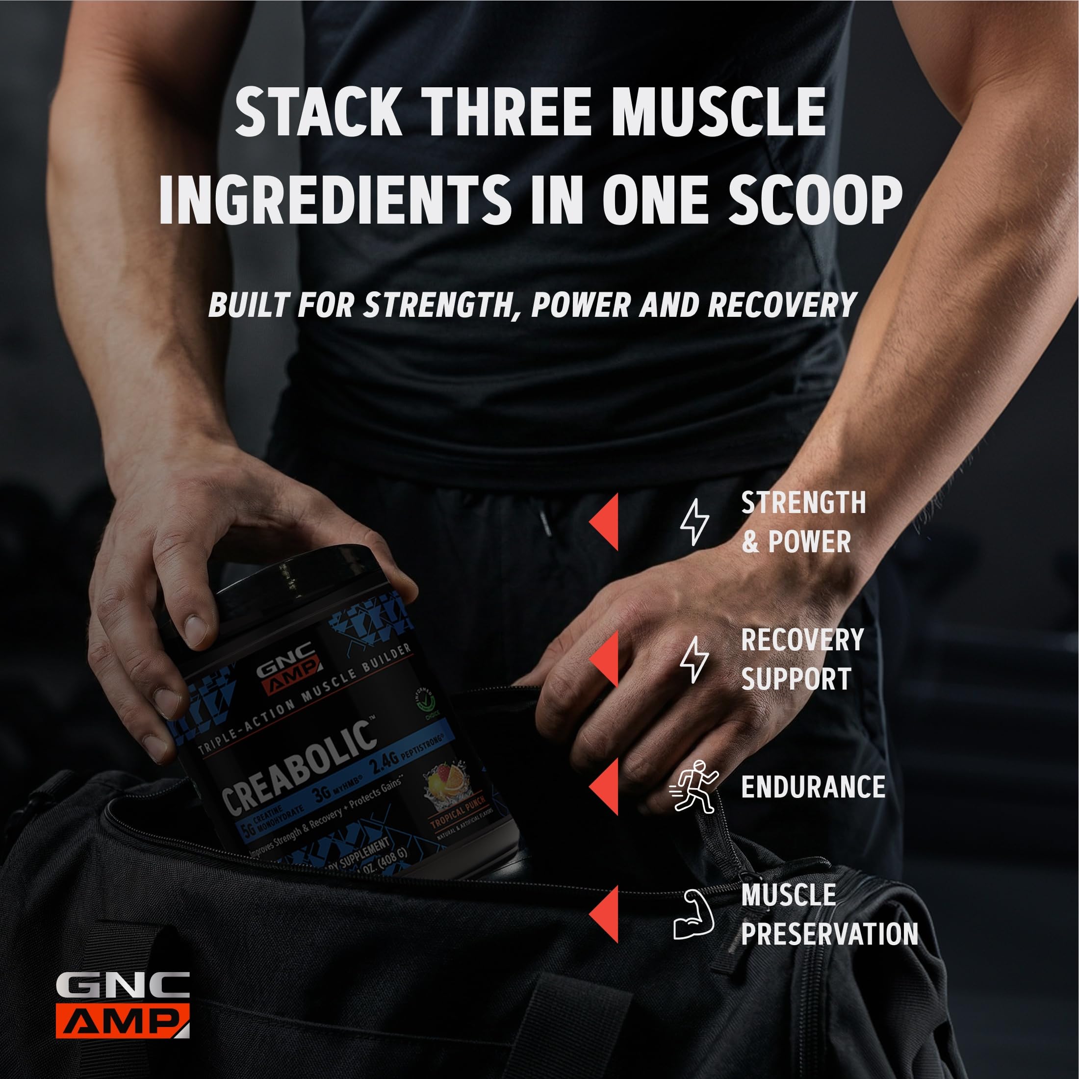 Bebida mezclada GNC AMP Creabolic en vaso, listo para consumo post-entreno