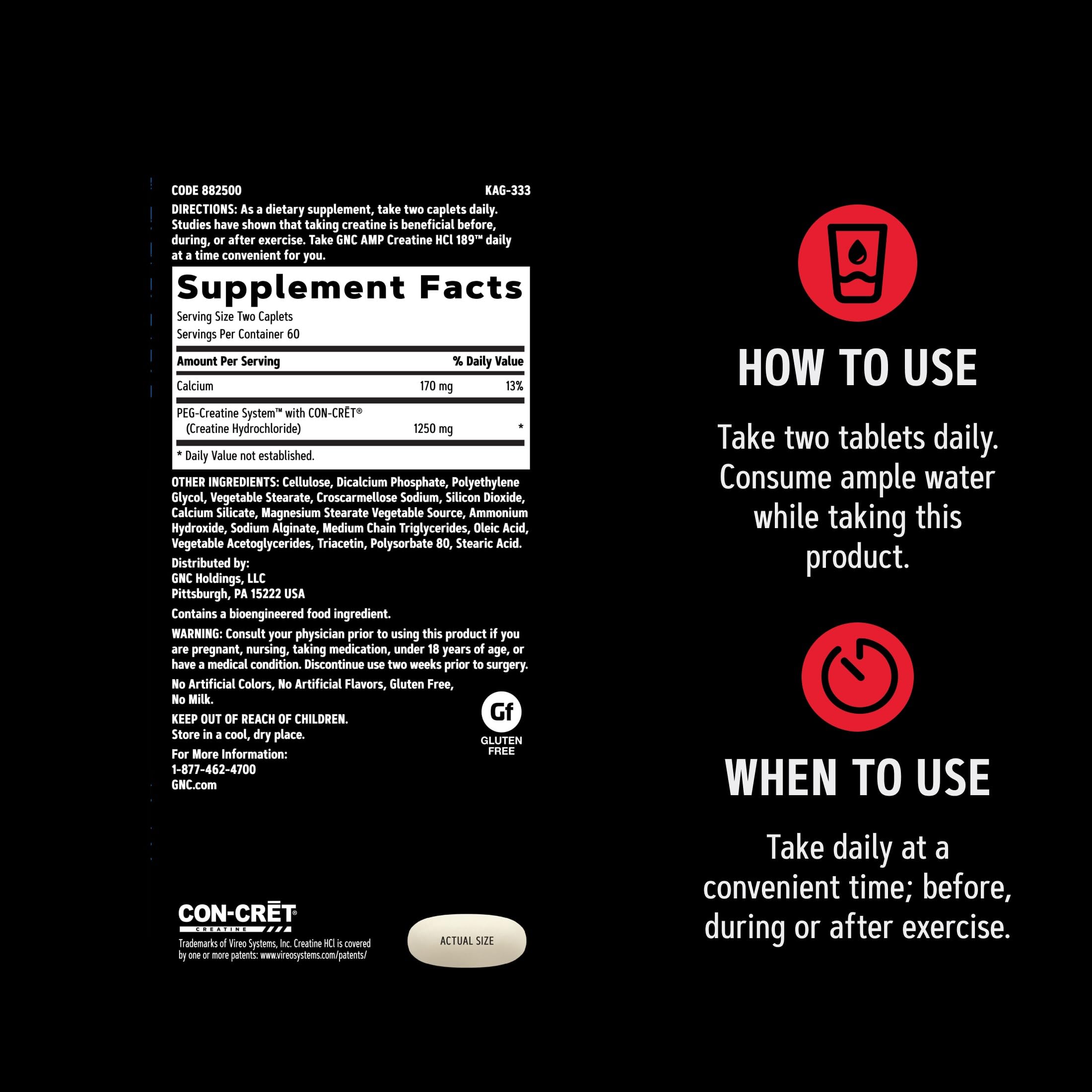 GNC AMP Creatine HCl bote abierto con comprimidos y conteo de servicios, control de porciones