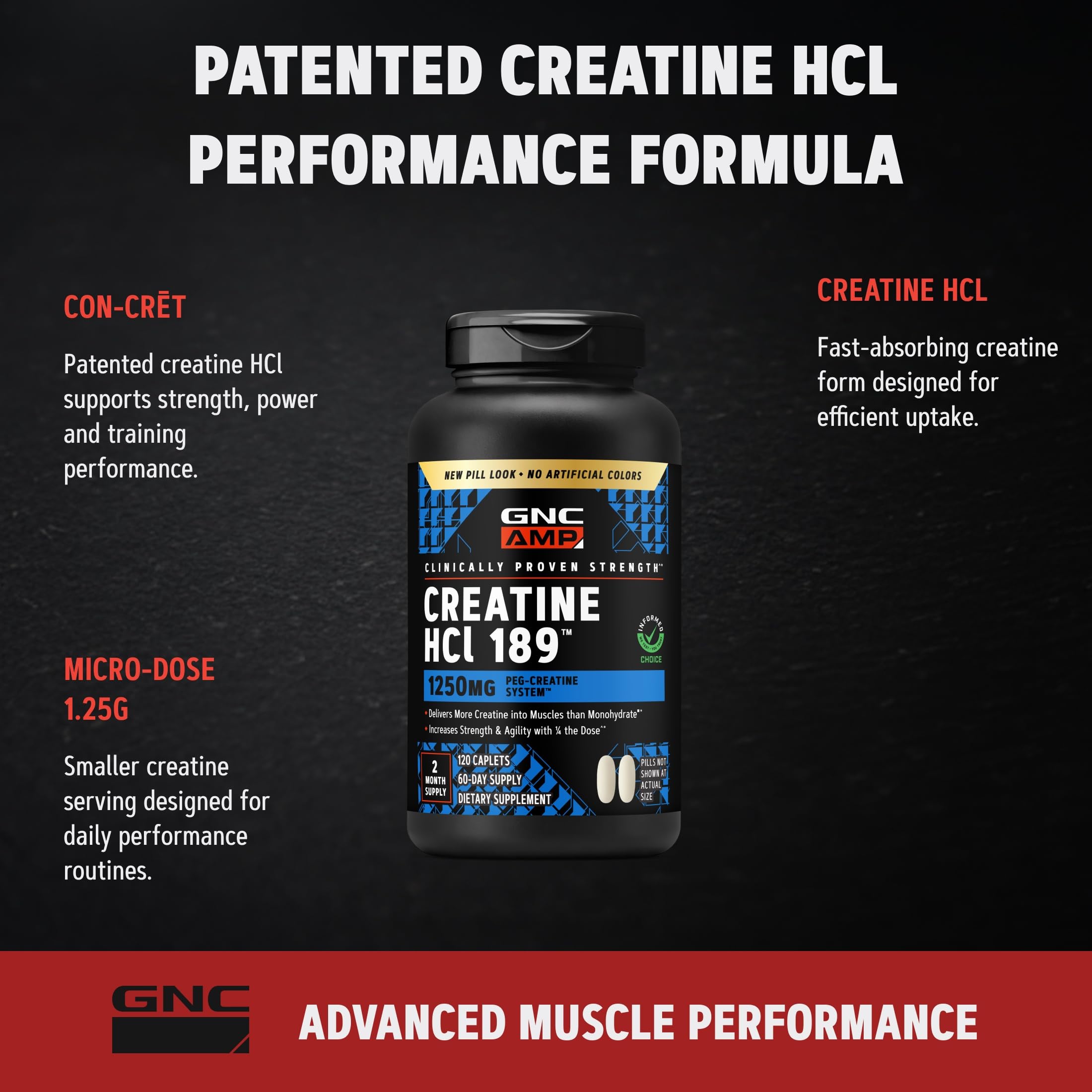 GNC AMP Creatine HCl comparando tamaño de comprimido, conveniencia de la dosis