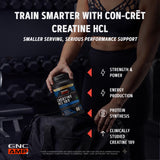 GNC AMP Creatine HCl etiqueta con información nutricional, transparencia sobre dosis