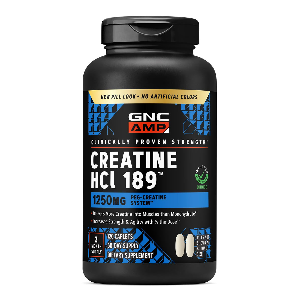 GNC AMP Creatine HCl frontal del envase mostrando marca y tamaño, claridad y confianza
