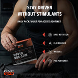GNC AMP cápsulas y textura de ingrediente resaltando formulación premium