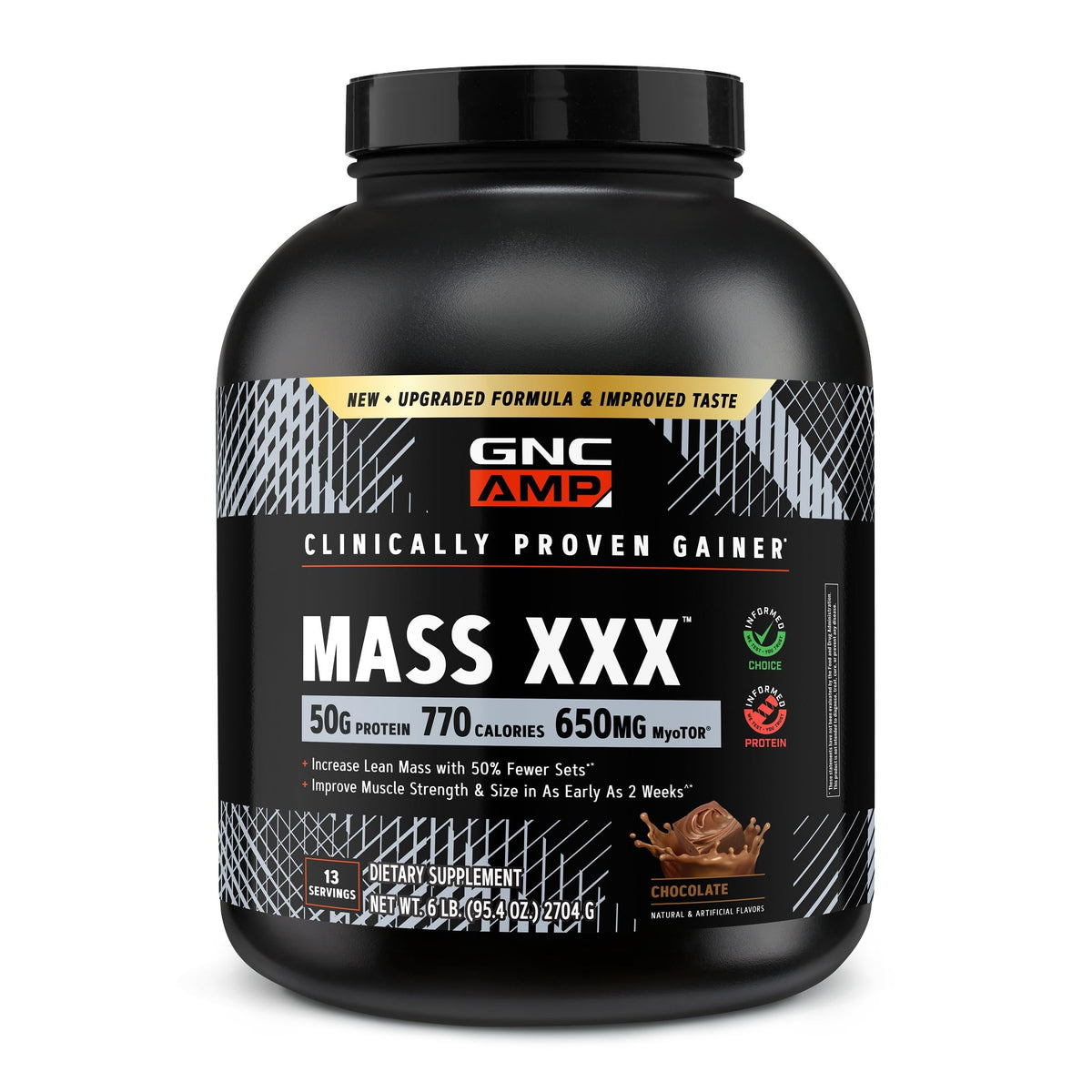 GNC AMP MASS XXX frente del envase mostrando etiqueta y sabor chocolate, útil para identificar producto